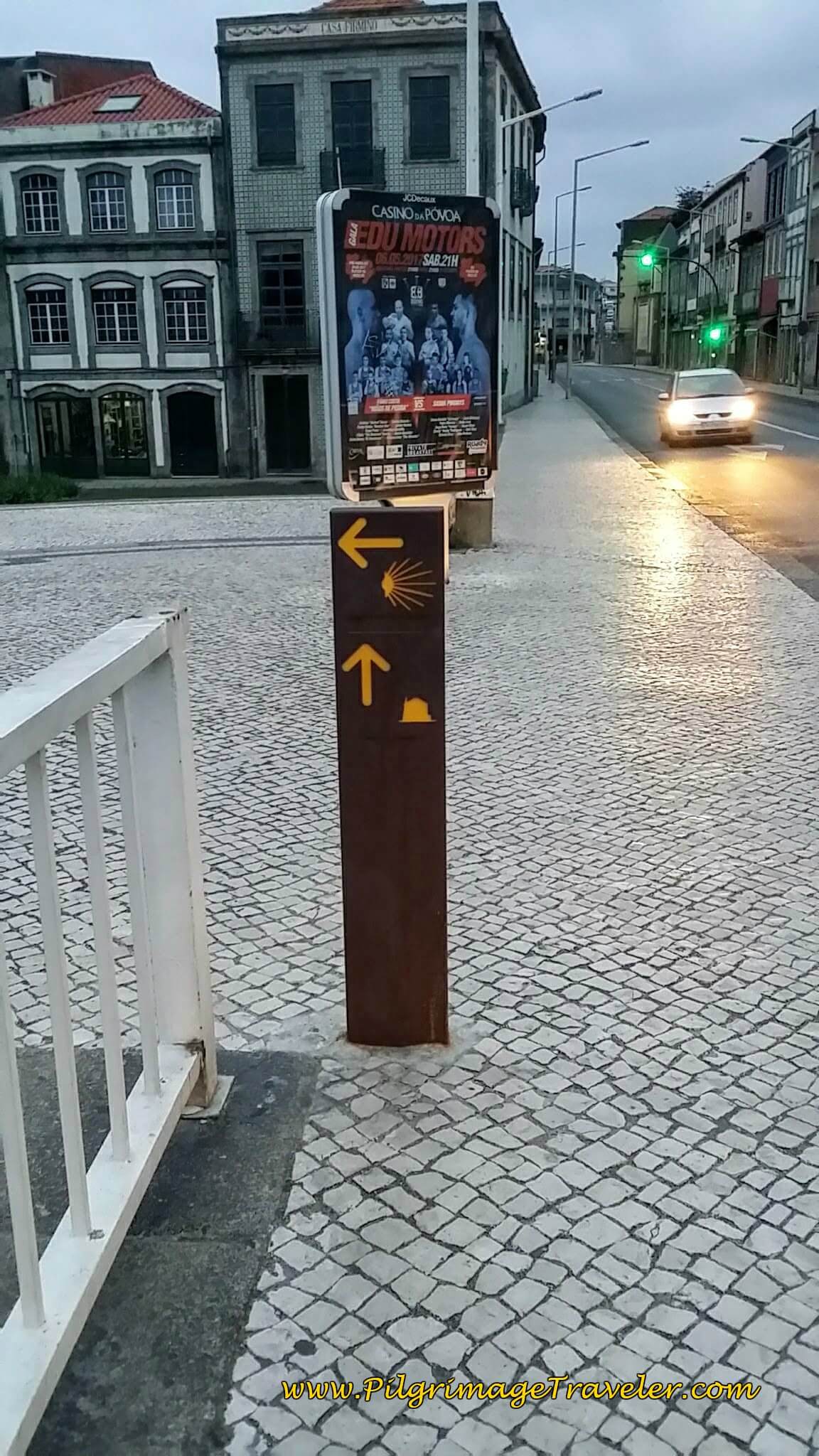 First Waymark, After Crossing the Ave River in Vila do Conde in the Praça da República on day sixteen of the Camino Portugués on the Coastal Route