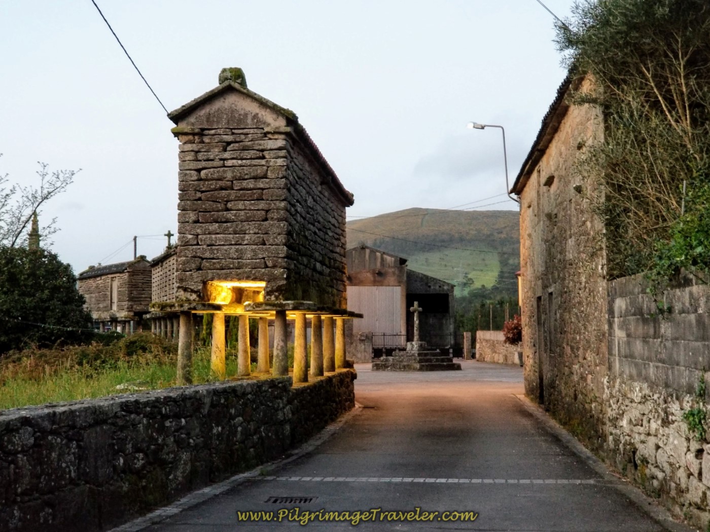Leaving Olveiroa, Lighted Hórreos on day three of the Camino Finisterre