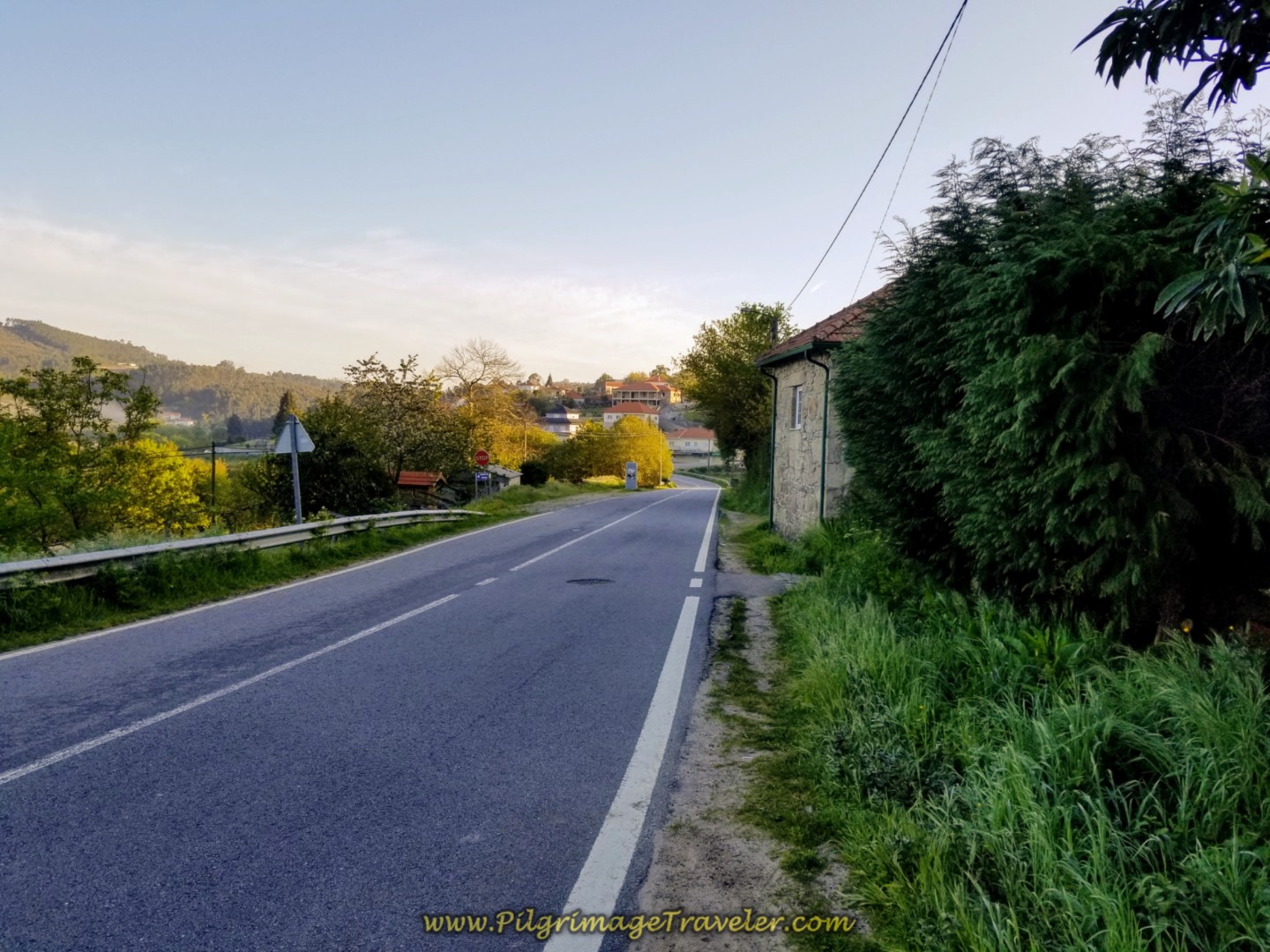 Leaving on the DN201 from the Albergue Ninho on day nineteen on the Central Route of the Portuguese Camino Leaving on the EN201 from the Albergue Ninho on day nineteen on the Central Route of the Portuguese Camino