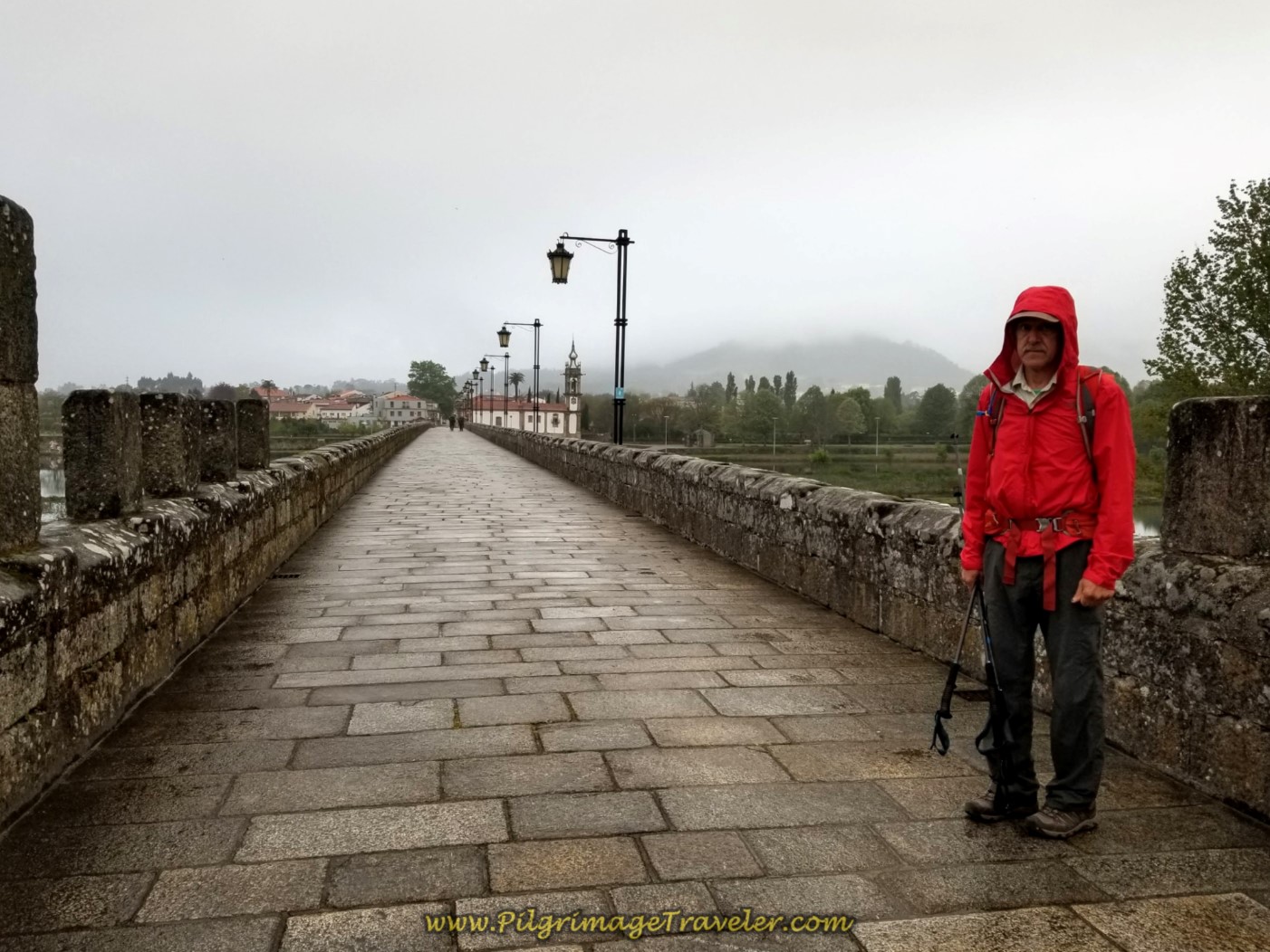 Rich on the Medieval Bridge to Start the Day from Ponte de Lima on day eighteen on the Central Route of the Portuguese Camino