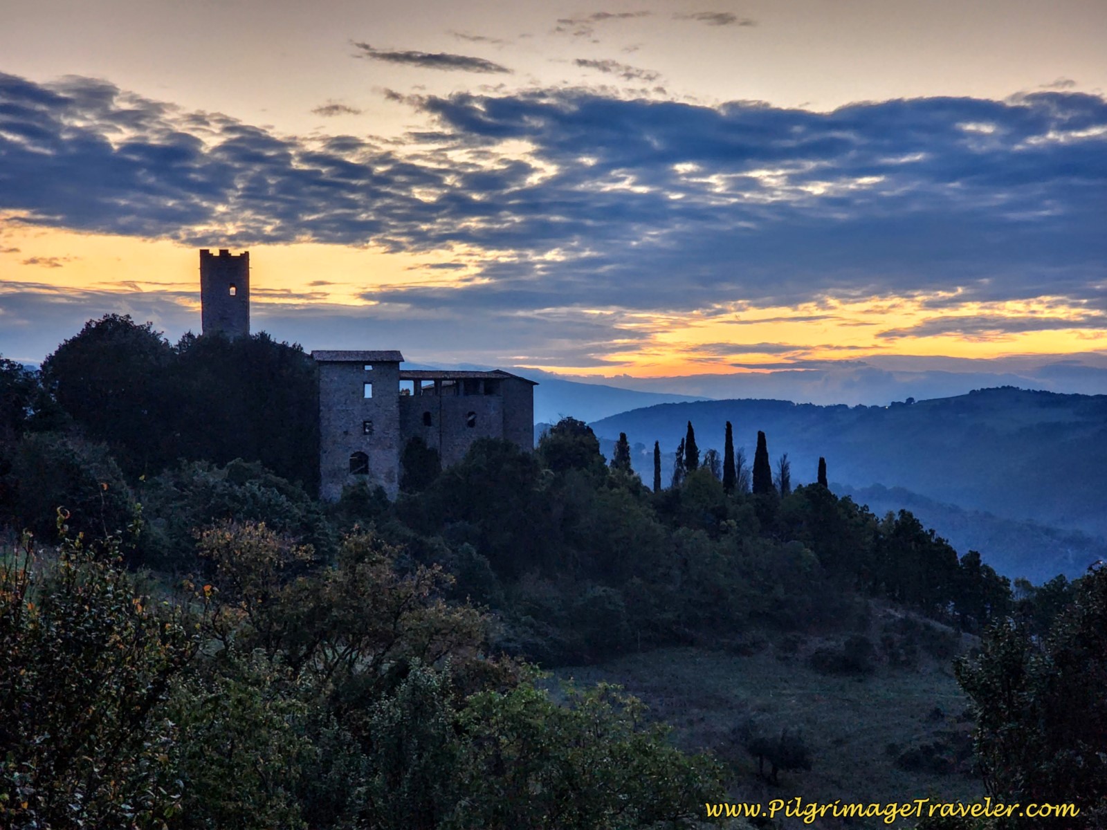 Sunrise Over the Castello di Biscina, day nine, Way of St. Francis, Biscina to Valfabbrica