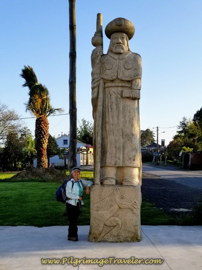 Elle at Santiago Statue on day seven of the Camino Inglés
