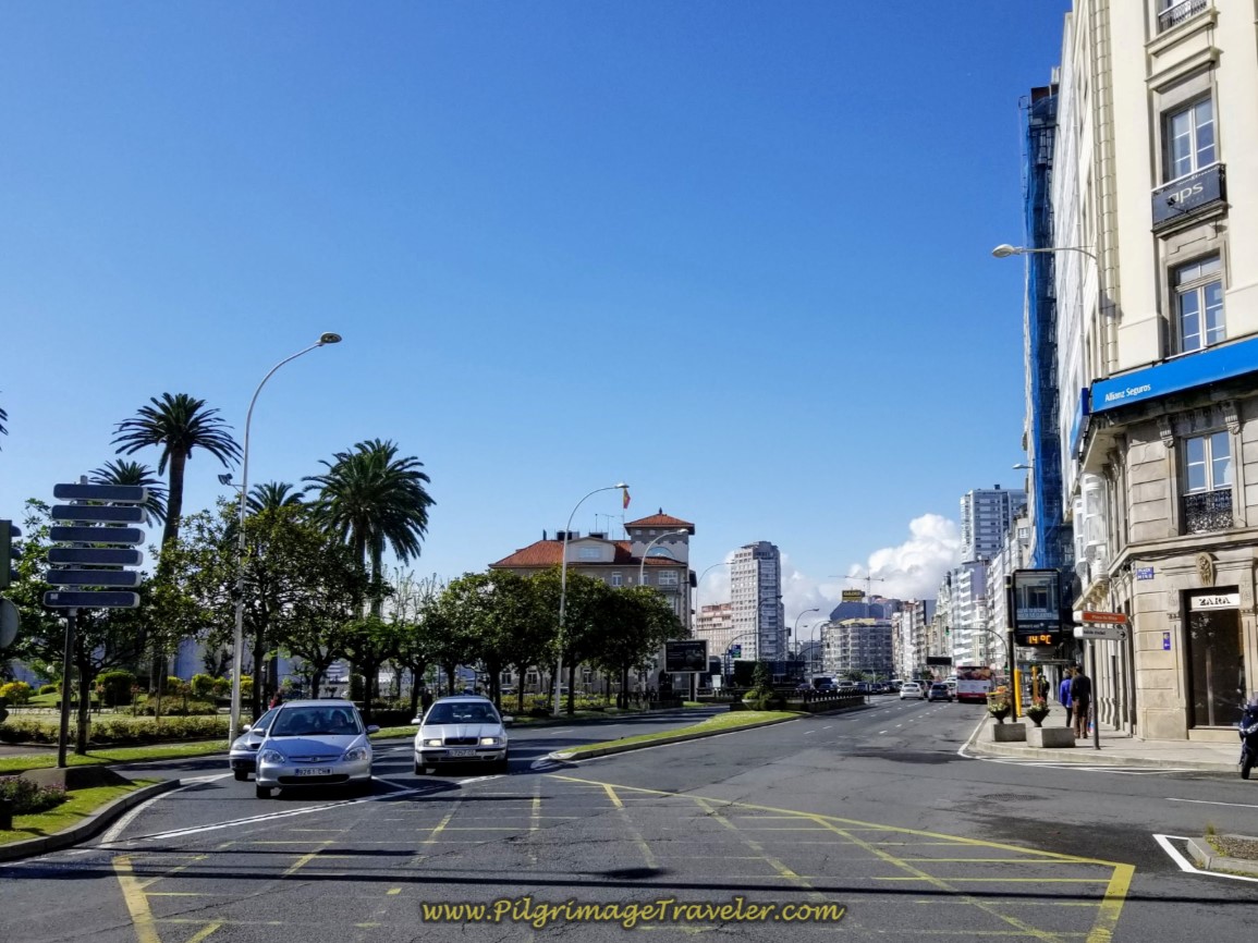 Stay Left at the Abanca Building on day one of the La Coruña Arm of the Camino Inglés Stay Left at the Abanca Building on day one of the La Coruña Arm of the Camino Inglés