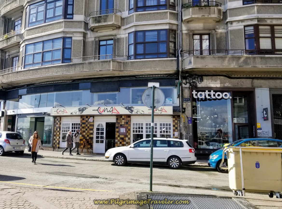 Turn Left at Tattoo Parlor on day one of the La Coruña Arm of the Camino Inglés Turn Left at Tattoo Parlor on day one of the La Coruña Arm of the Camino Inglés