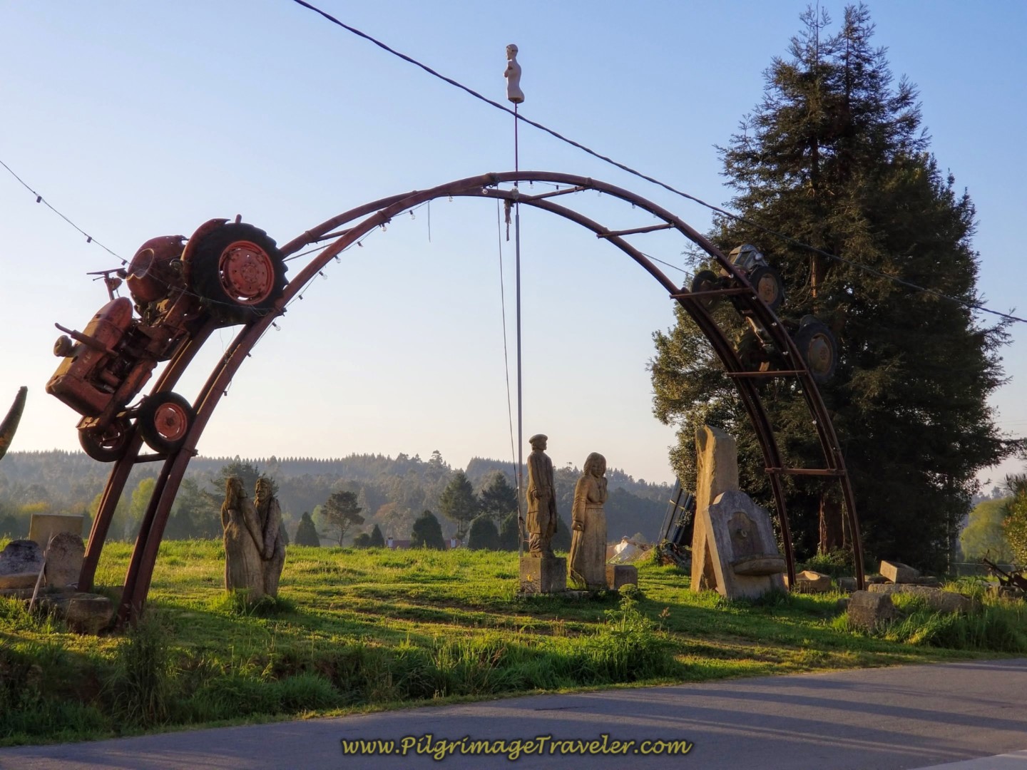 Tractors on Rails in O Porto Sculpture Park on day seven of the Camino Inglés