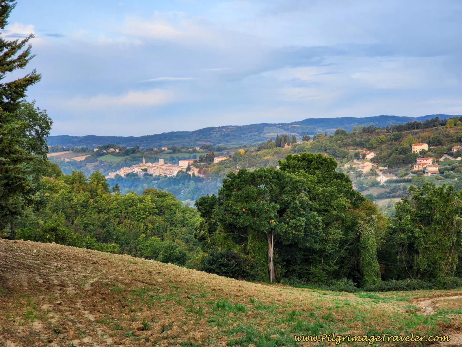 Views Back to Pietralunga, day seven of the Way of St. Francis from Pietralunga to Gubbio.