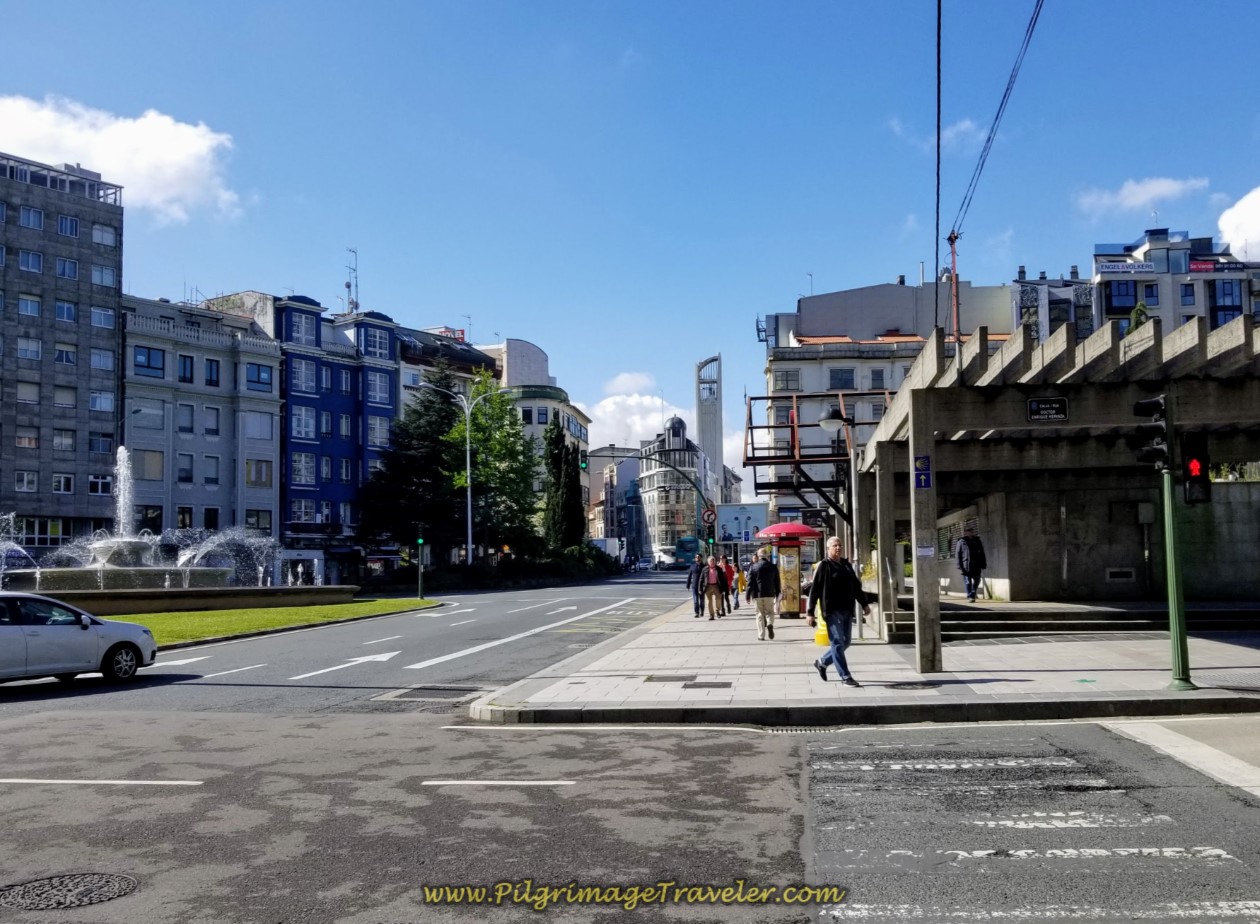 Straight On at the Fuente de Cuatro Caminos in La Coruña on day one of the La Coruña Arm of the Camino Inglés Straight On at the Fuente de Cuatro Caminos in La Coruña on day one of the La Coruña Arm of the Camino Inglés