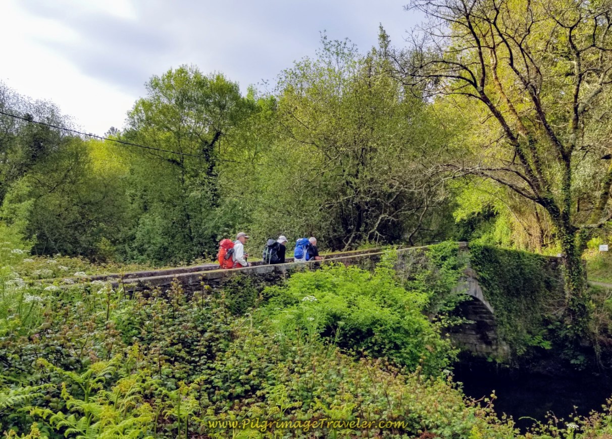 Rich, Rob and Steve Cross the Río Lambre on Old Bridge on day four of the Camino Inglés