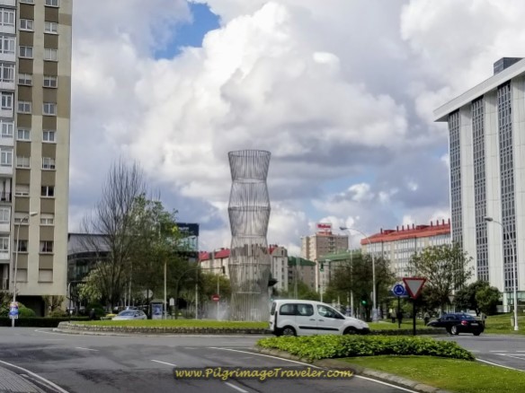 Stay Left at Metal Sculpture in Roundabout, in La Coruña on day one of the La Coruña Arm of the Camino Inglés