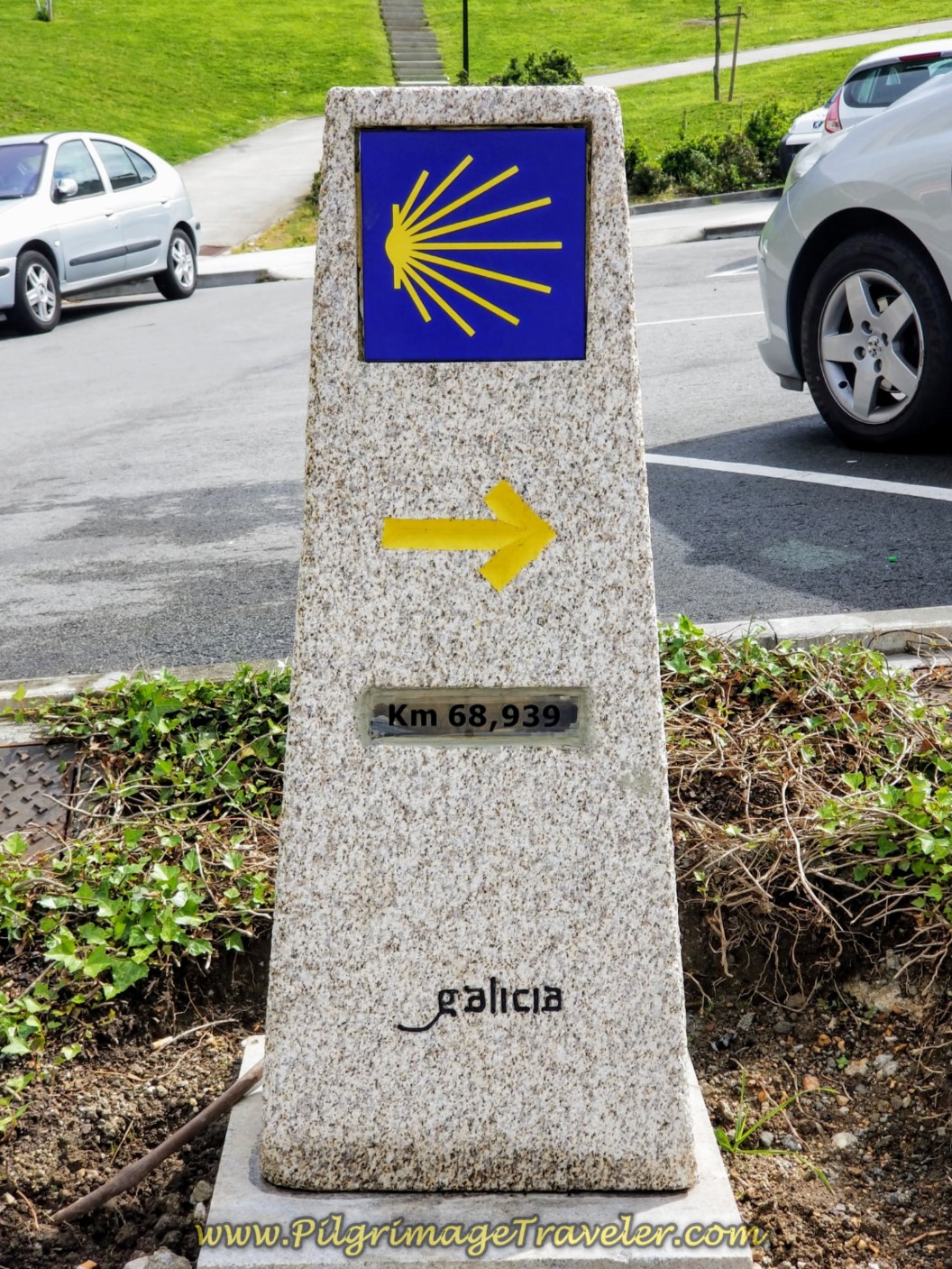 68.93 Kilometer Waymark, in La Coruña on day one of the La Coruña Arm of the Camino Inglés 68.93 Kilometer Waymark, in La Coruña on day one of the La Coruña Arm of the Camino Inglés