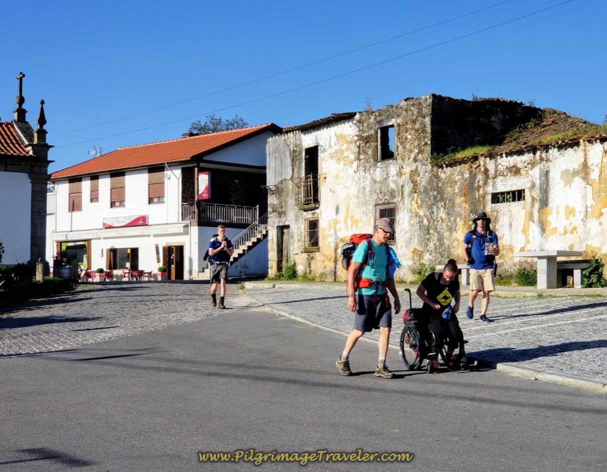 Leaving the Café Arantes on the Rua dos Caminheiros de Santiago on day seventeen on the Central Route of the Camino Portugués