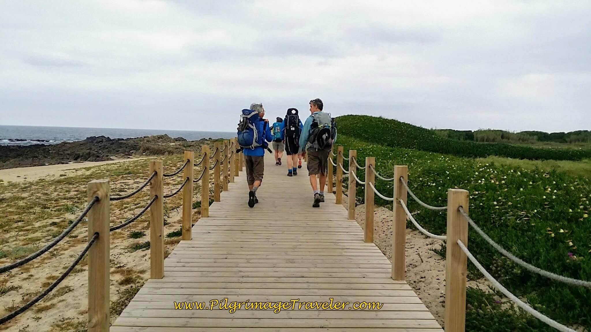 Frenchman with Rich on the Boardwalk towards the Praia do Santo André on day sixteen of the Camino Portugués on the Coastal Route