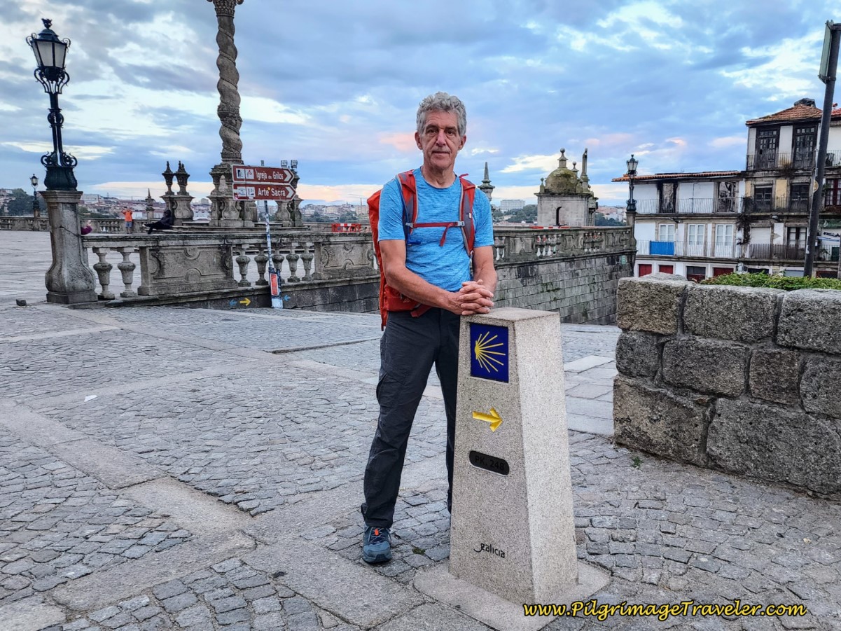 First Concrete Waymark for the Central and Coastal Route, in Front of the Porto Cathedral First Concrete Waymark for the Camino Portugués Central Route, in Front of the Porto Cathedral