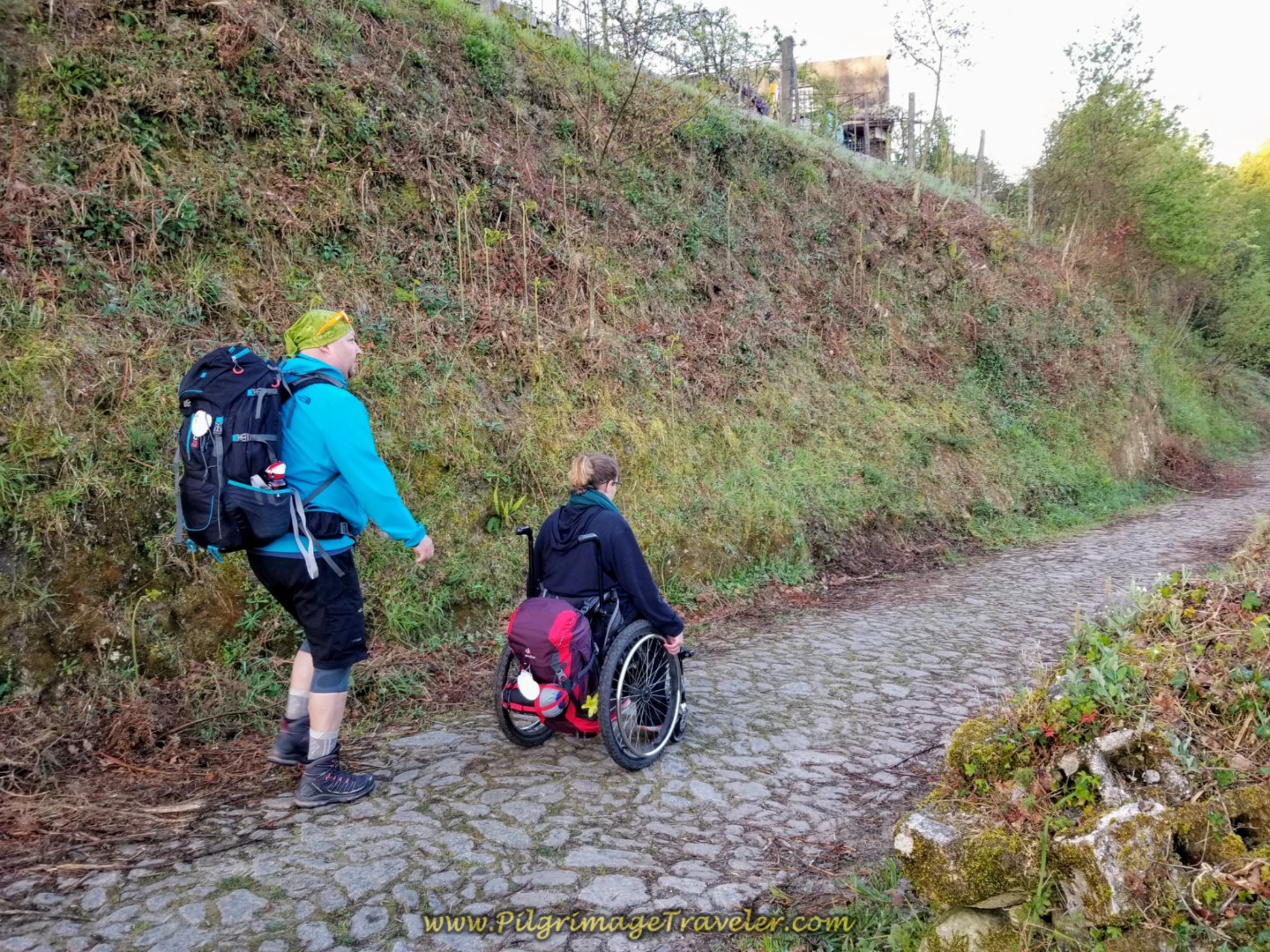 Michal and Magdalena Navigate on the Cobblestone Lane on day nineteen on the Central Route of the Portuguese Camino Michal and Magdalena Navigate on the Cobblestone Lane on day nineteen on the Central Route of the Portuguese Camino