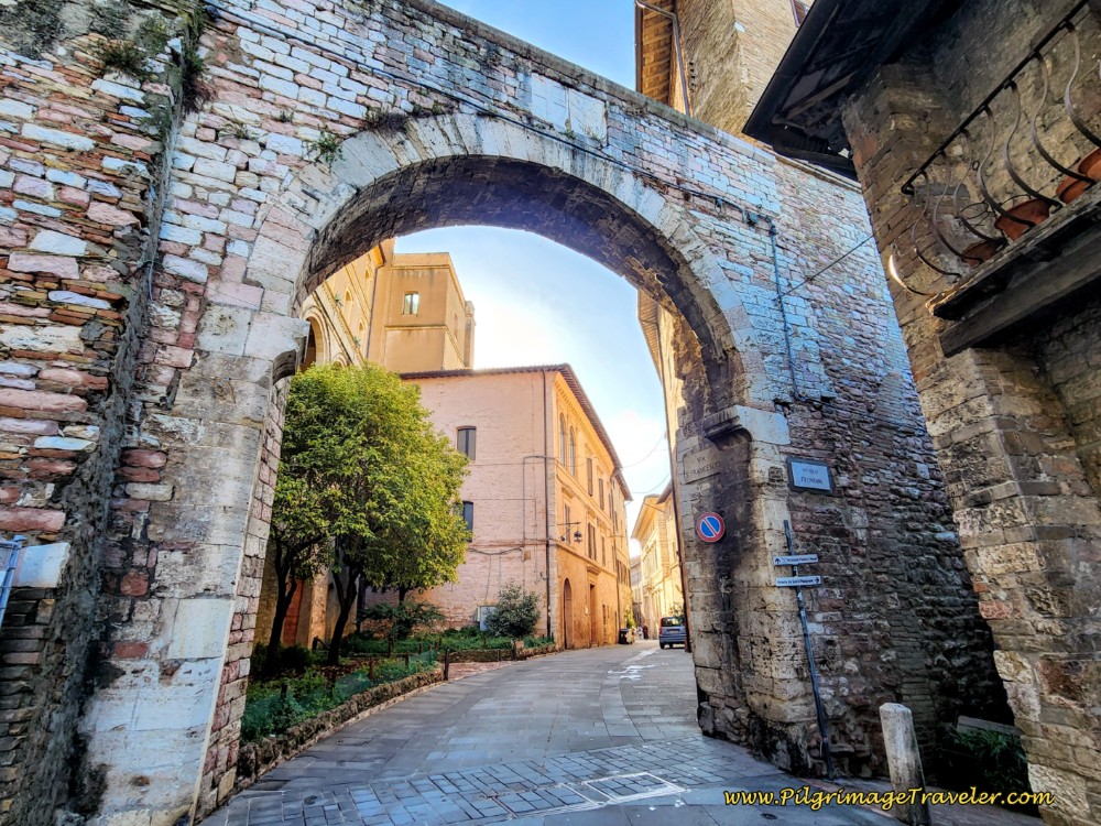 Way of St. Francis: Day Eleven, Assisi to Spello, walking through the Portico del Monte Frumentario.