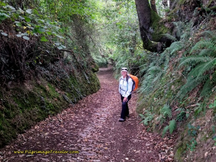 Elle on Downhill Path from the Hermitage on day five of the Camino del Salvador Elle on Downhill Path from the Hermitage