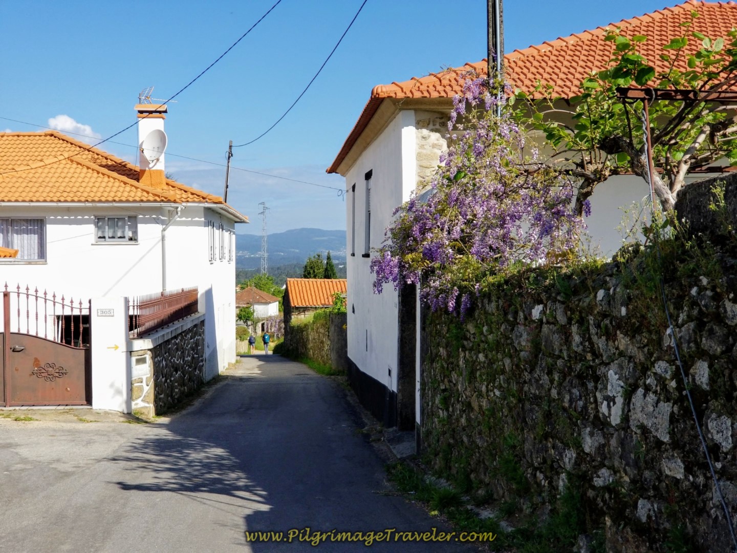 Long, Paved Downhill on the Rua da Pereira on the Road to Fontoura on day nineteen on the Central Route of the Portuguese Camino Long, Paved Downhill on the Rua da Pereira on the Road to Fontoura on day nineteen on the Central Route of the Portuguese Camino
