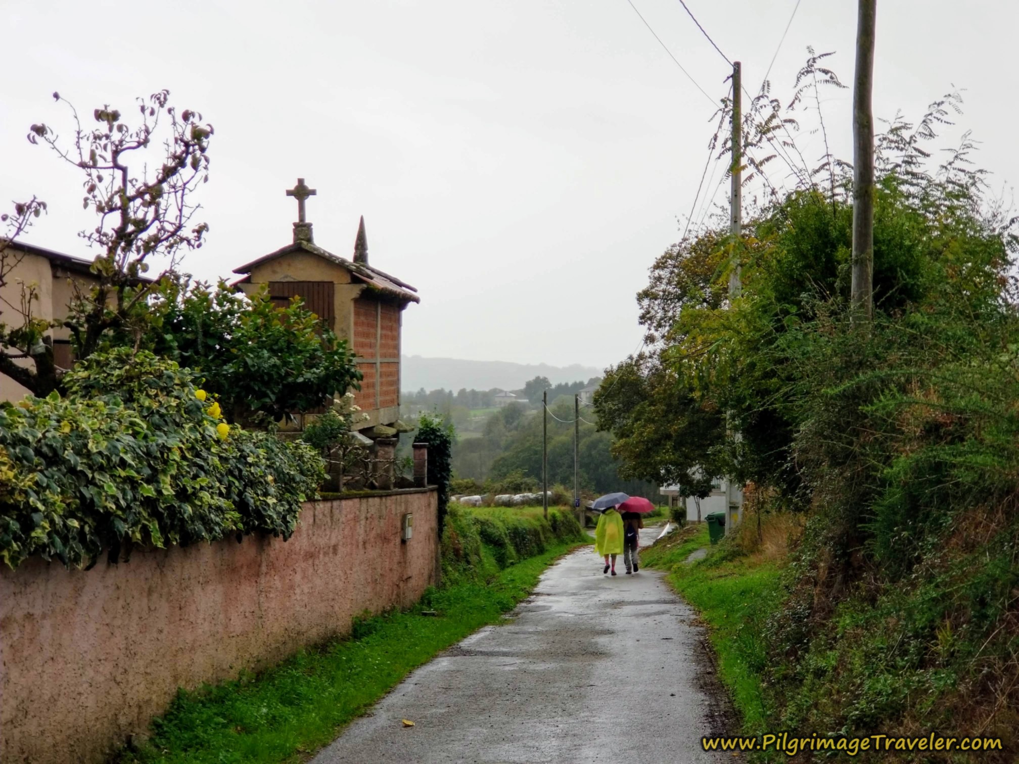 Umbrellas Pass an Hórreo