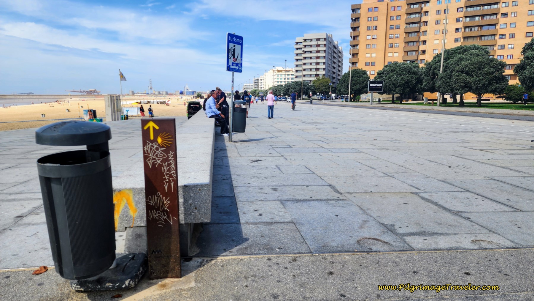 First Yellow Arrow and Waymark Since Porto at the Praia do Matosinhos