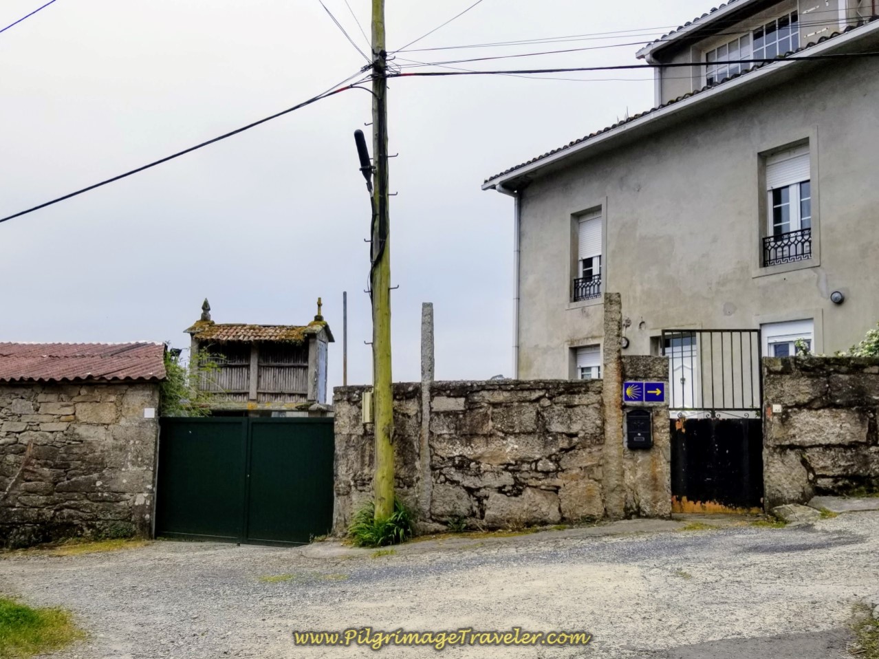 Right Turn at Horreo (Granary) in O Carballal on day one of the Camino Finisterre