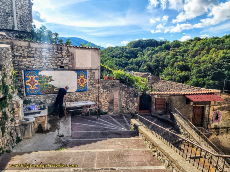 Way of St. Francis: Day Twenty, Poggio San Lorenzo to Ponticelli - Fountain and Mural Under Creation in Poggio Moiano