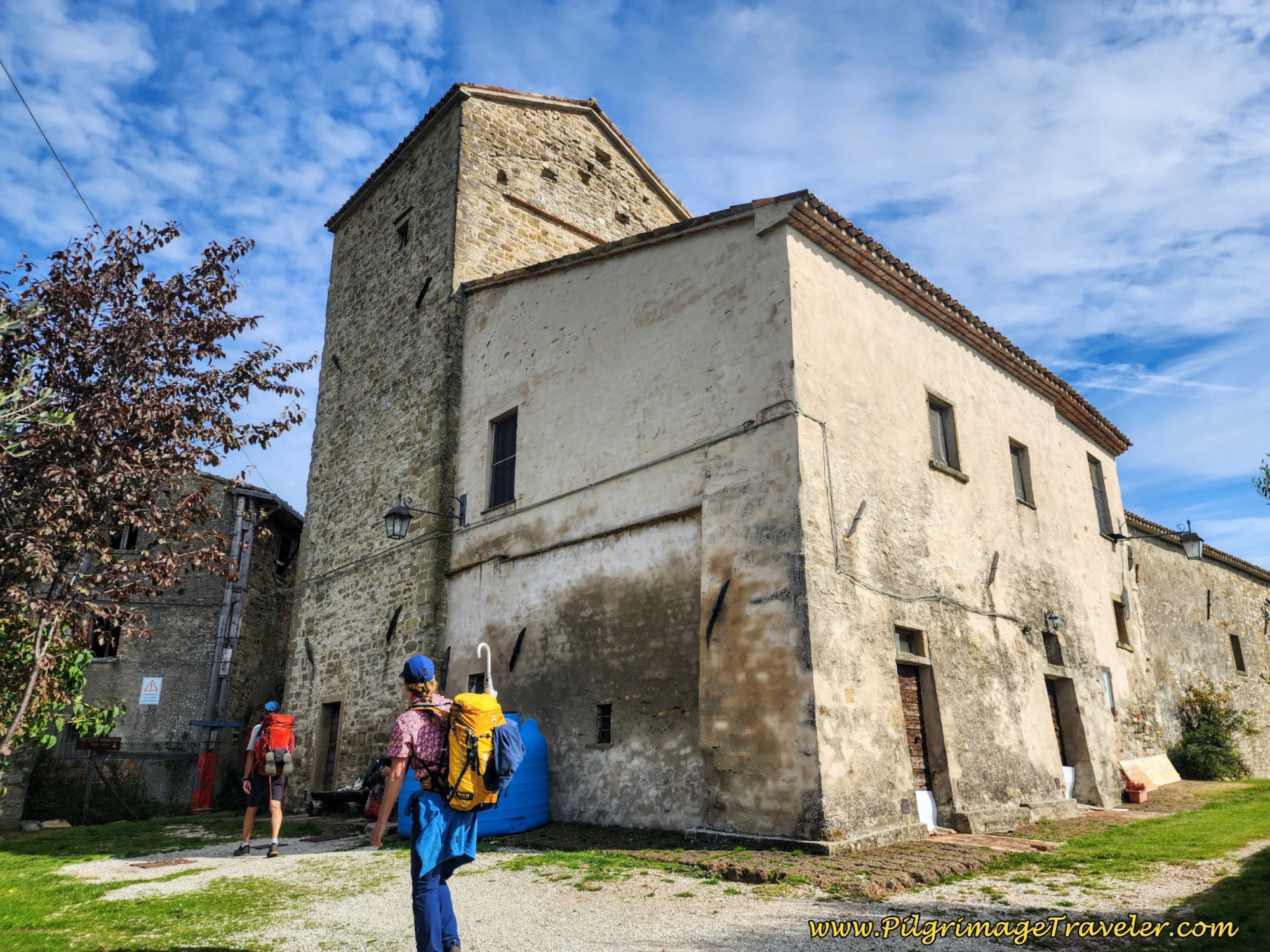 Pilgrims Arriving at the Pieve de' Saddi, day six on the Way of St. Francis, from Cittá di Castello to Pietralunga