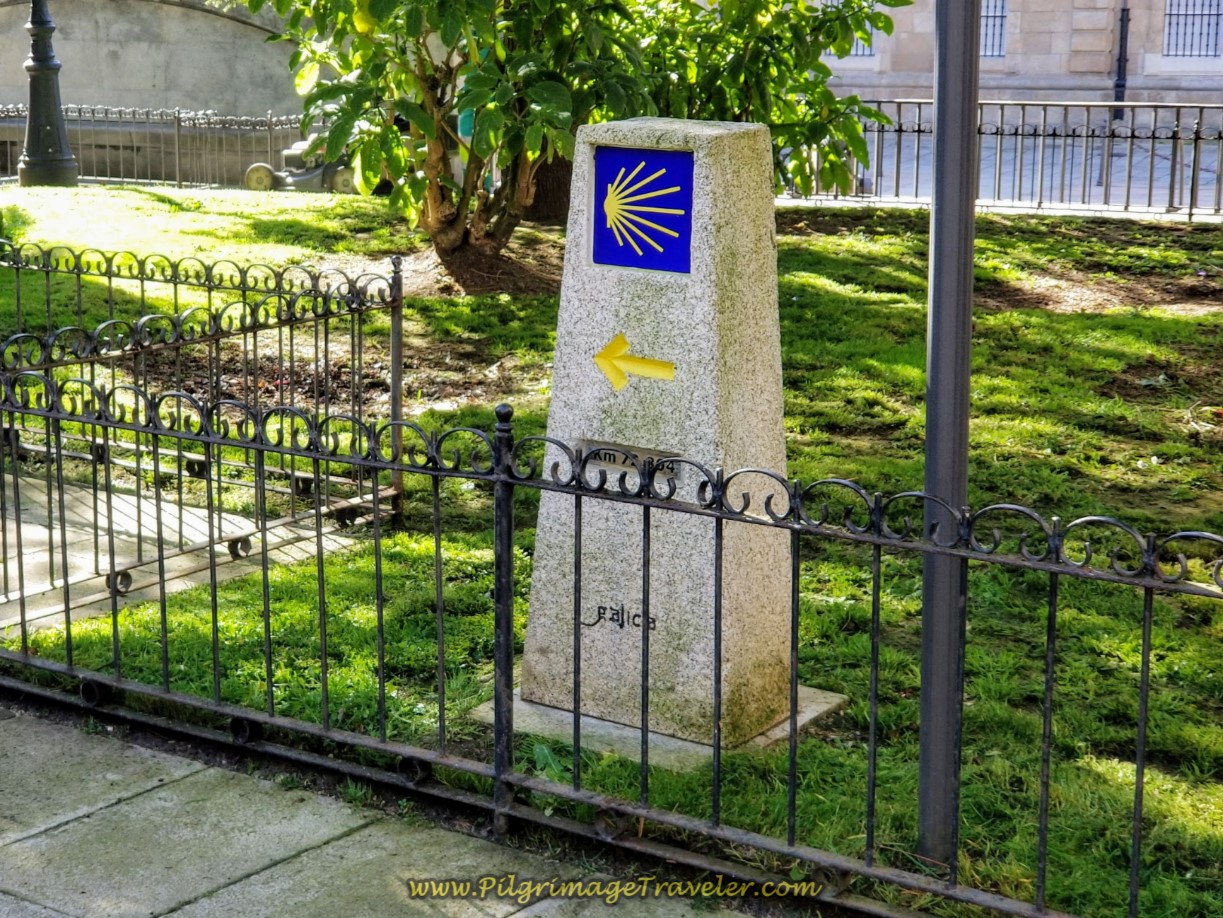 First Official Kilometer Marker of 72.884 at the Igrexa de Santiago on day one of the La Coruña Arm of the Camino Inglés