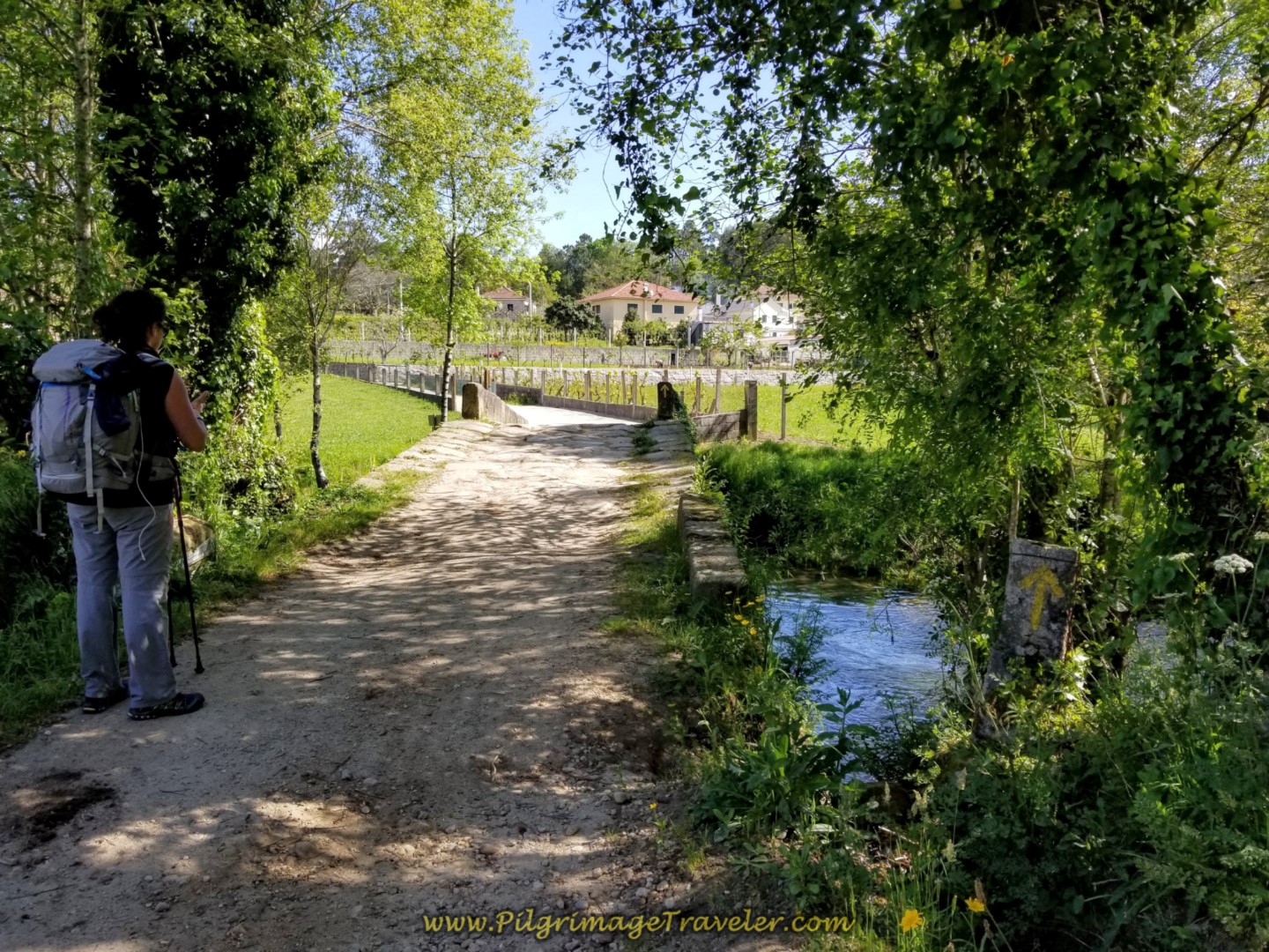 Miriam and the Ponte Romana da Pedreira on day nineteen on the Central Route of the Portuguese Camino Miriam and the Ponte Romana da Pedreira on day nineteen on the Central Route of the Portuguese Camino