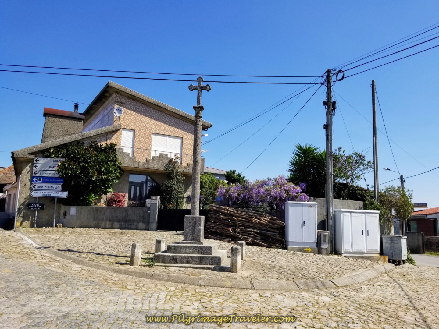 Right Turn at Cross in Rates, Portugal on day sixteen on the Central Route of the Camino Portugués