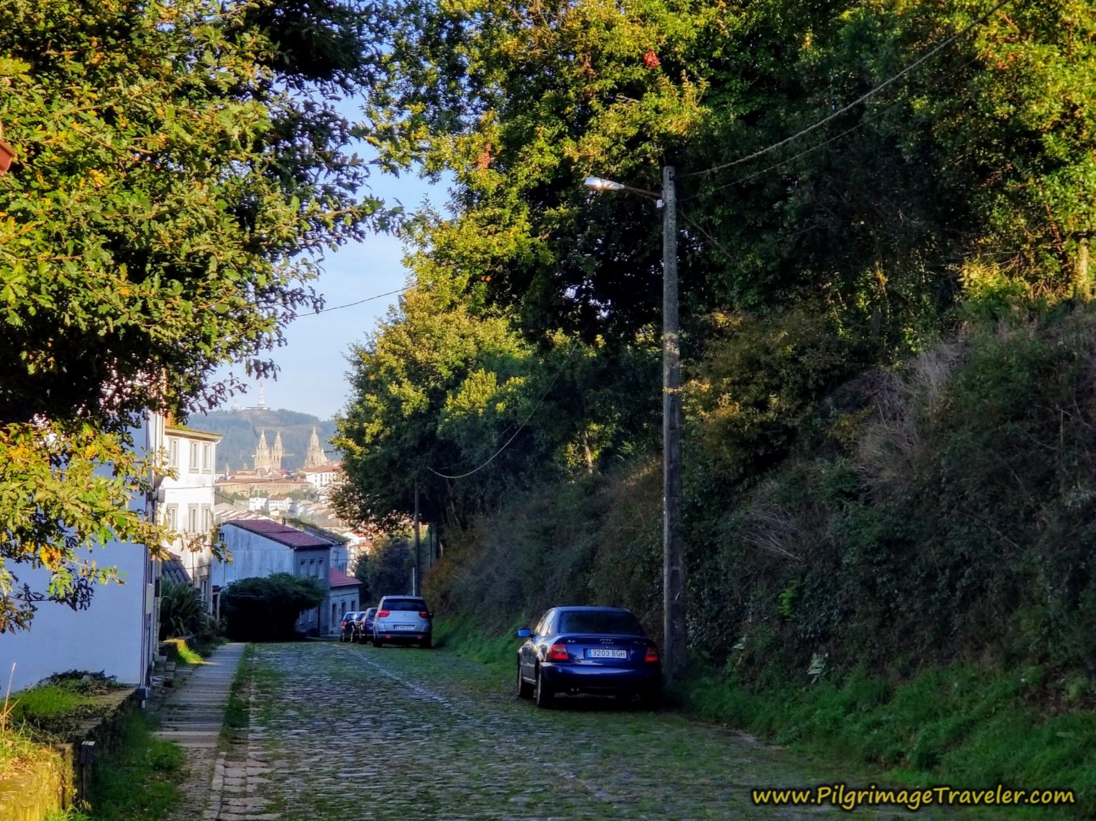 Santiago Cathedral Spires from the Rúa de Sar on the Camino Sanabrés from A Susana to Santiago de Compostela