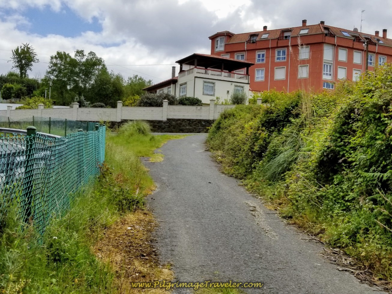 Path Ends Turning Right Onto the Rúa Regueiro Ahead on day three of the English Way