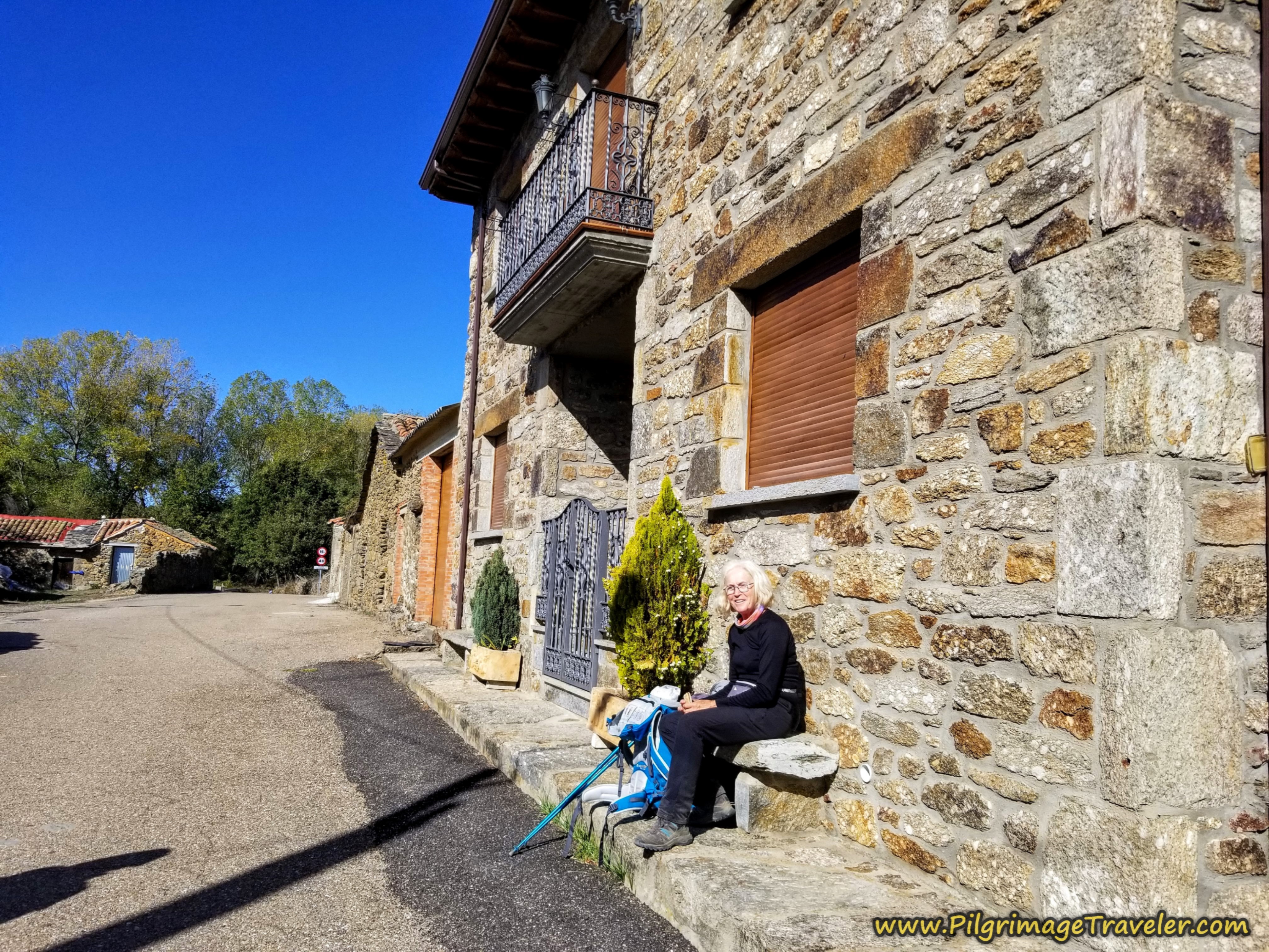 Catherine Takes a Break in Cernadillo, Camino Sanabrés from Rionegro del Puente to Entrepeña