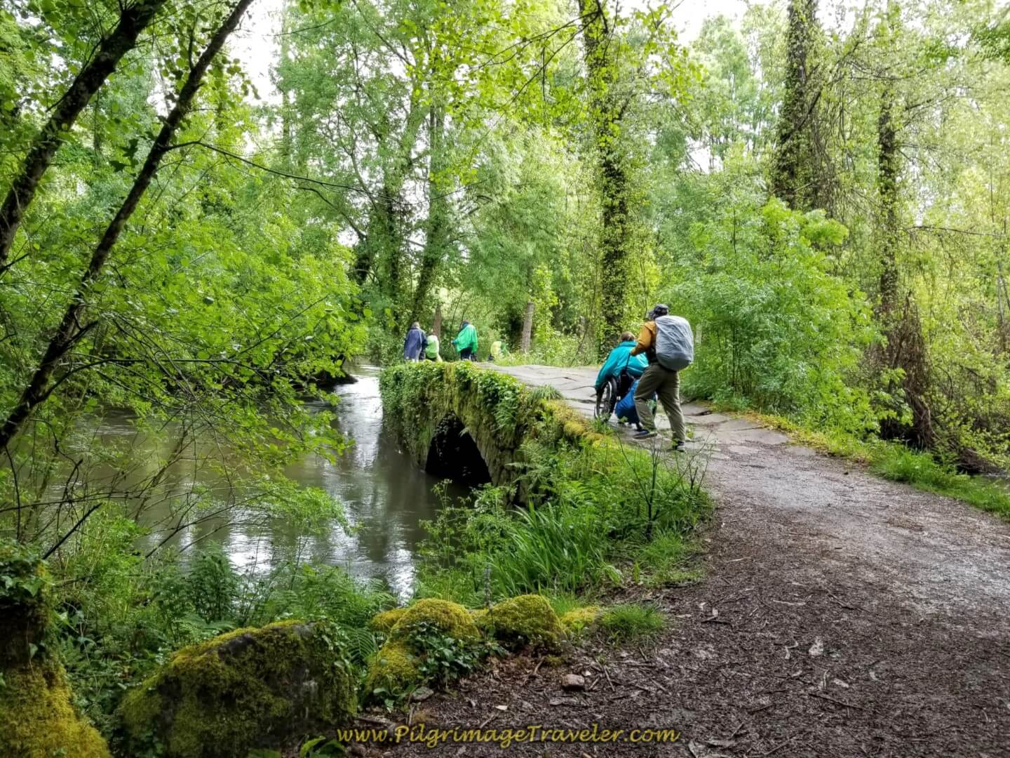 Matt Assists Magdalena Across the Puente de Orbenlle on day twenty on the central route of the Portuguese Camino