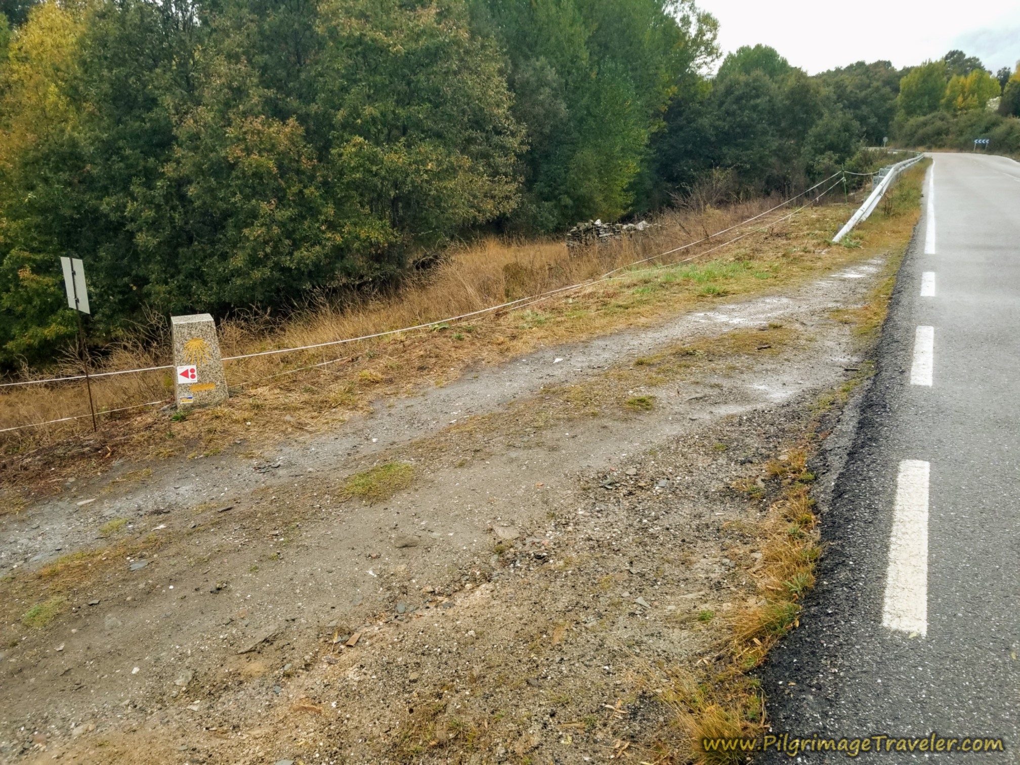 Left Turn Onto Path Off Highway on the Camino Sanabrés from Puebla de Sanabria to Lubián