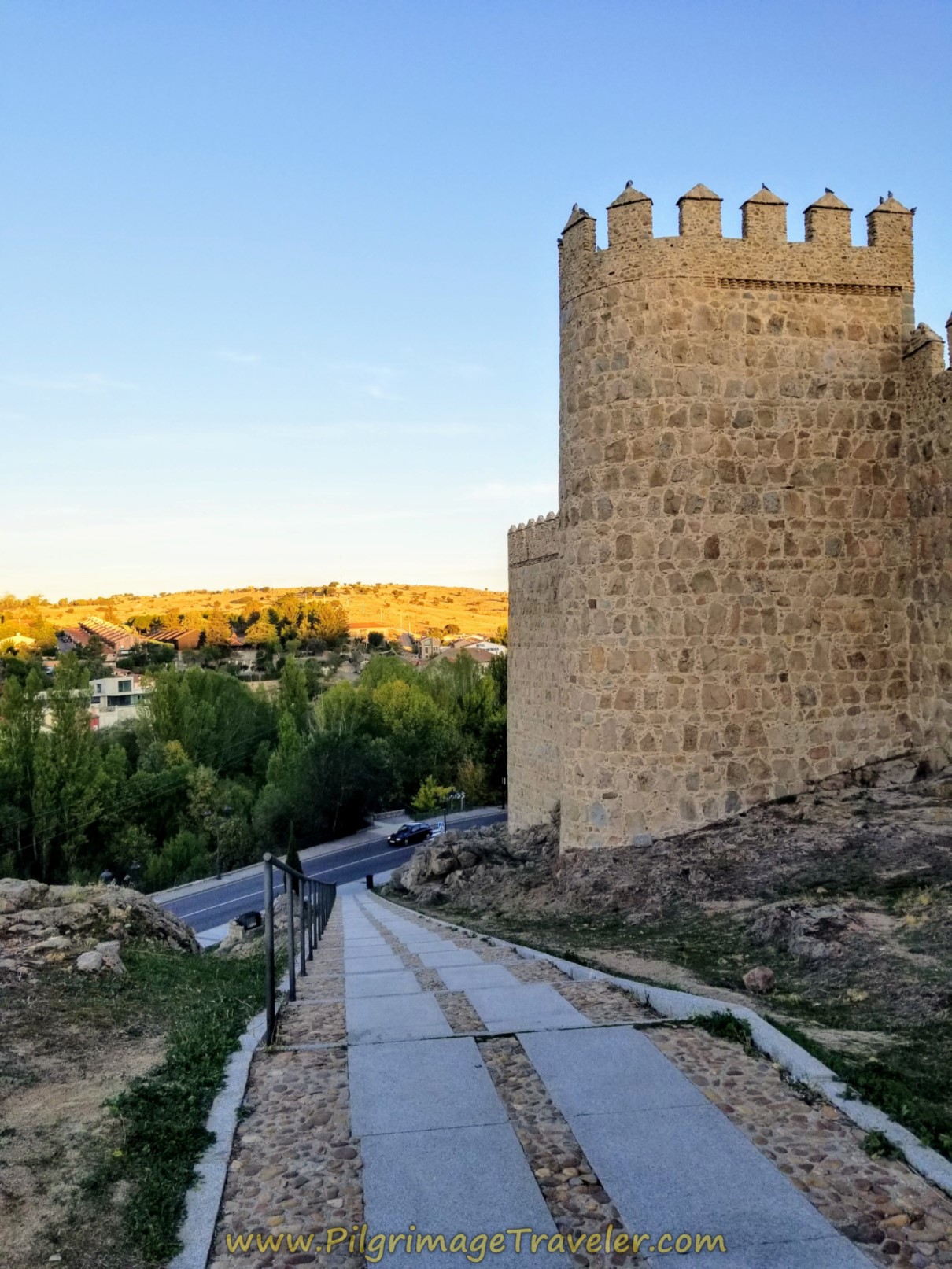 Here is the descent on the stairs, by the wall the to street below on day one of the Camino Teresiano.