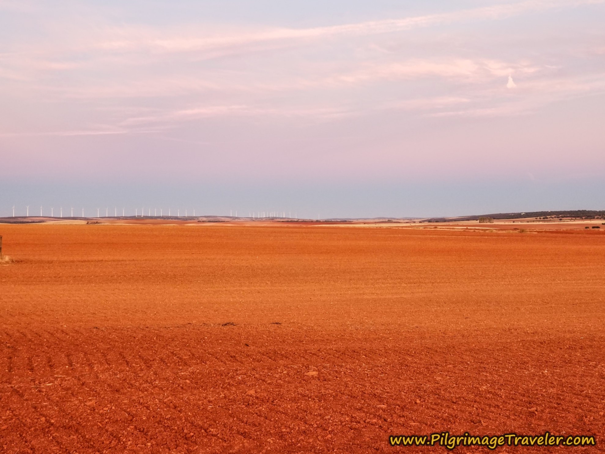 Windmills and Fields in the Alpenglow on the Vía de la Plata from Montamarta to Granja de Moreruela