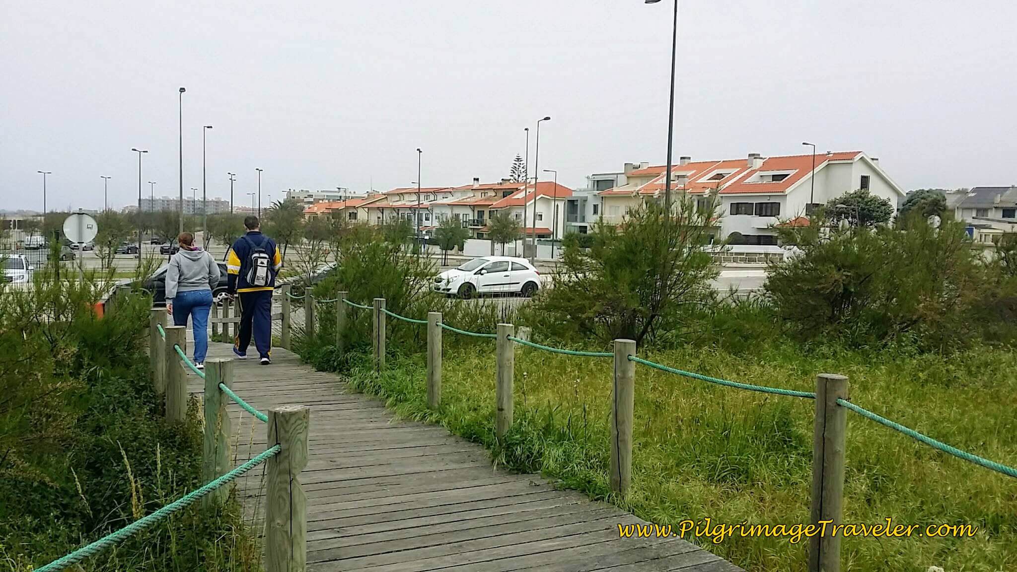 Boardwalk Turns Inland Towards Beach Houses on day fifteen of the Portuguese Way on the Senda Litoral