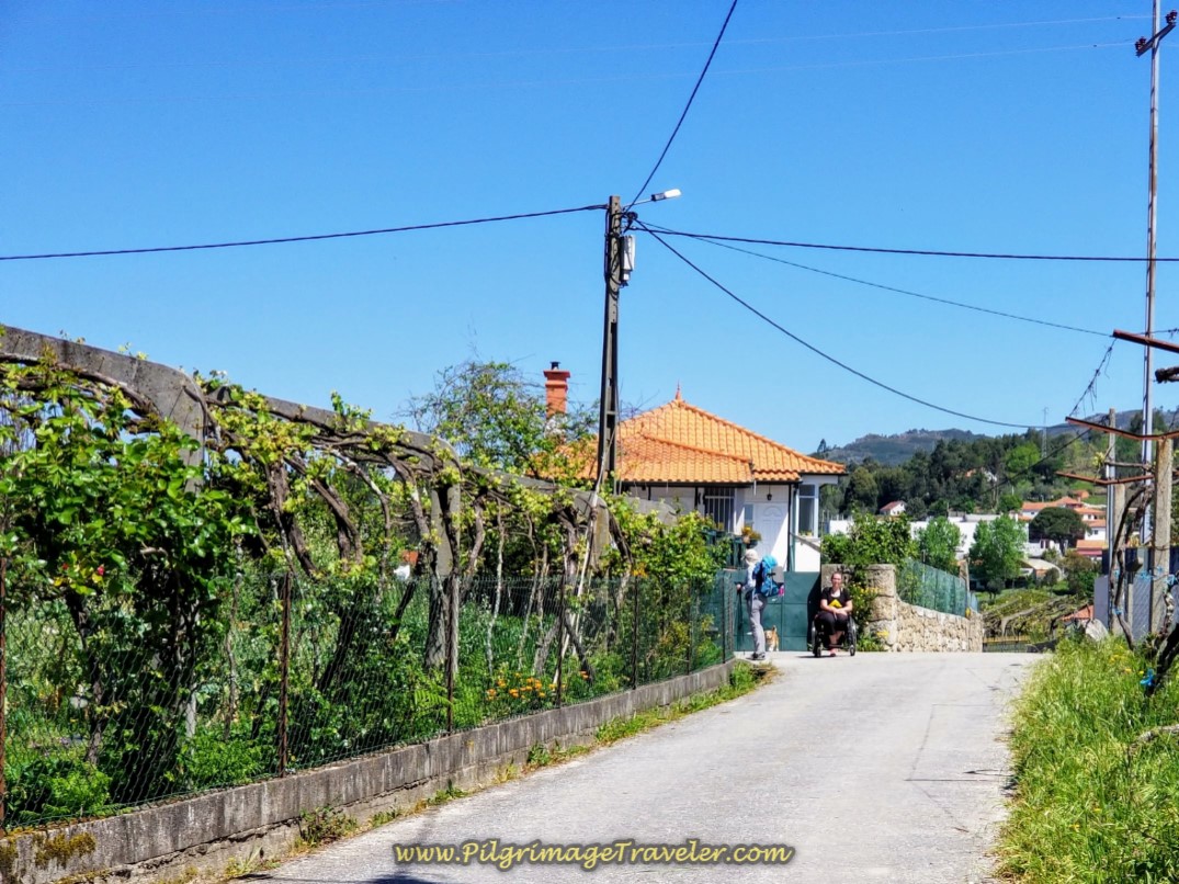 Magdalena Waiting by the Casa Fernanda in Lugar de Corgo on day seventeen on the Central Route of the Portuguese Camino