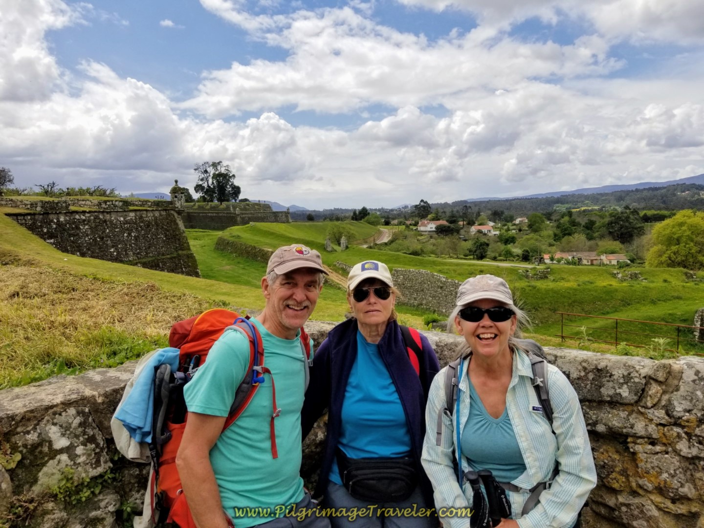 Rich, Glyvia and Elle on Valença's Rampart Walls on day nineteen on the Central Route of the Portuguese Camino Rich, Glyvia and Elle on Valença's Rampart Walls on day nineteen on the Central Route of the Portuguese Camino