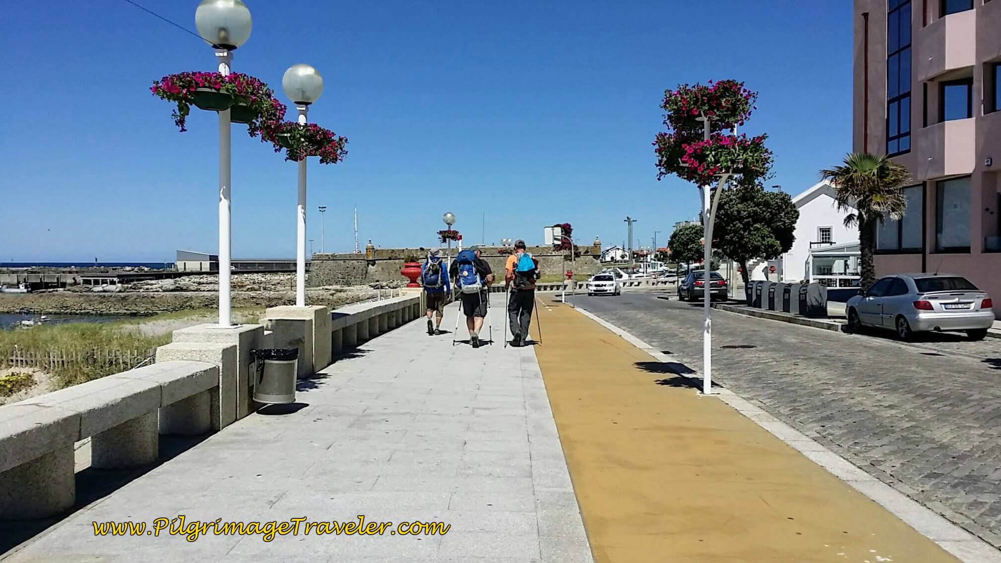 Michele, Steve and Rich on Seacoast Promenade of Vila Praia de Âncora on day eighteen of the Portuguese Way on the Senda Litoral