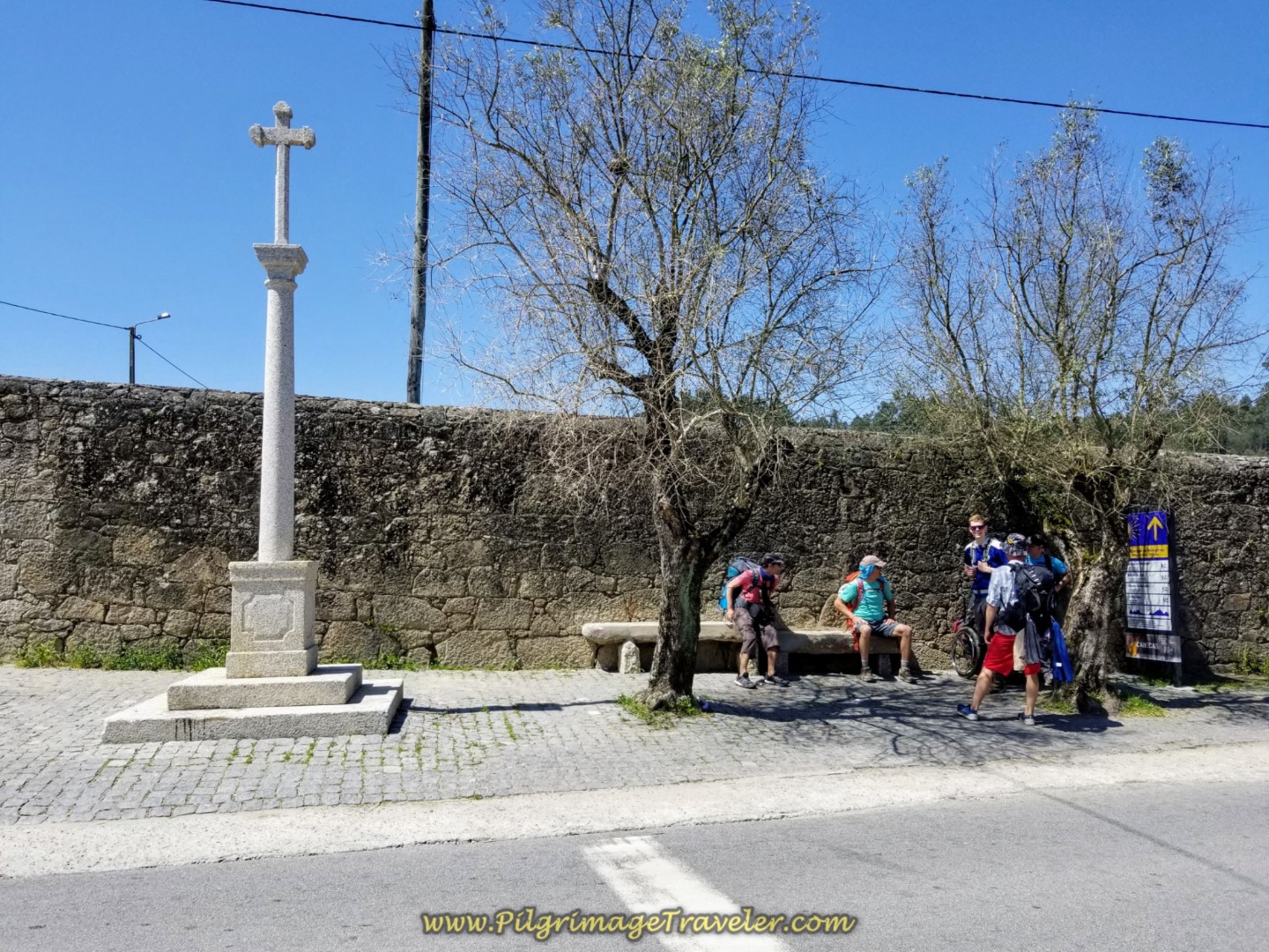 Rest Stop at the Cross and Information Board in Pedra Furada on day sixteen on the Central Route of the Portuguese Way