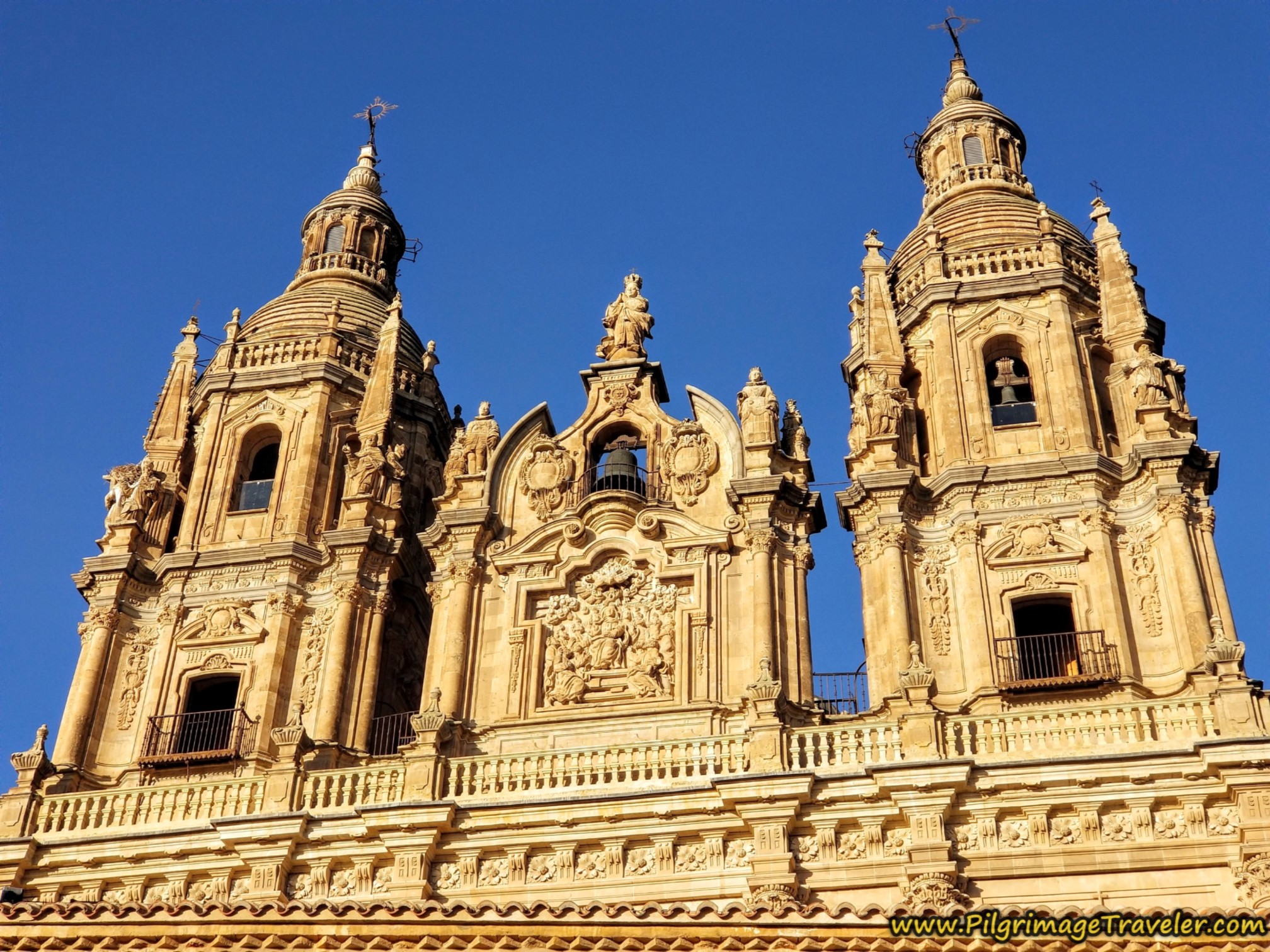 Close-Up of Torres de la Clerecía, from inside the Public Library courtyard in Salamanca, Spain