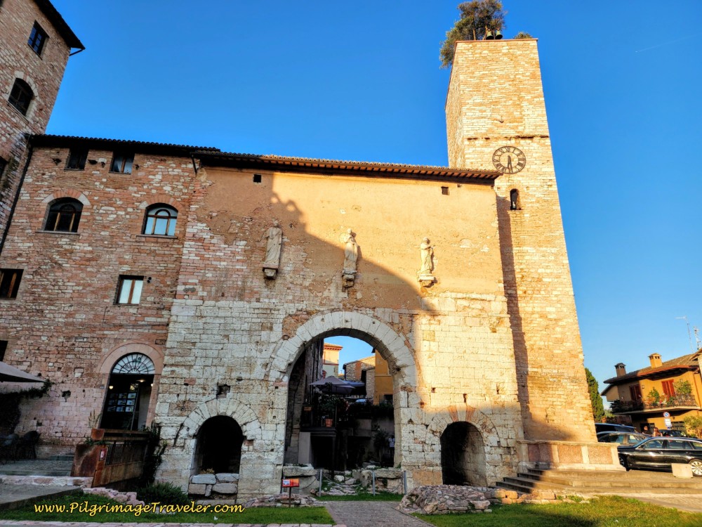Way of St. Francis: Day Eleven, Assisi to Spello, Southern View of the Porta Consolare from the Pizza Kennedy, the southern Roman Gate to Spello