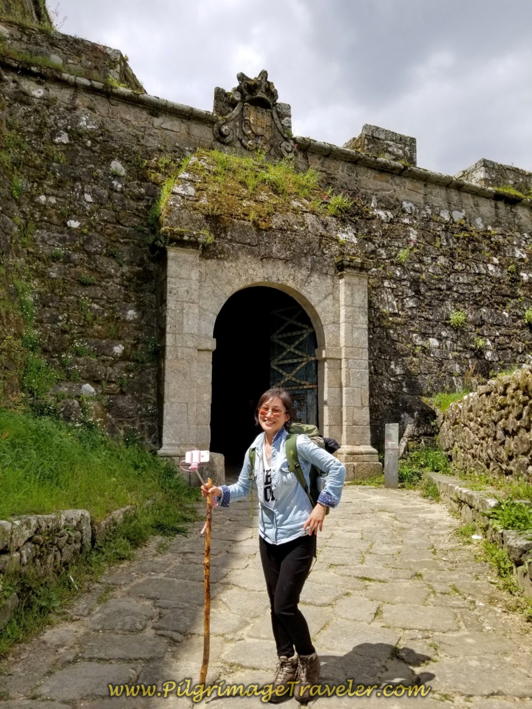 Mira at the Porta da Gabiarra, leaving Valença on day nineteen on the Central Route of the Portuguese Camino