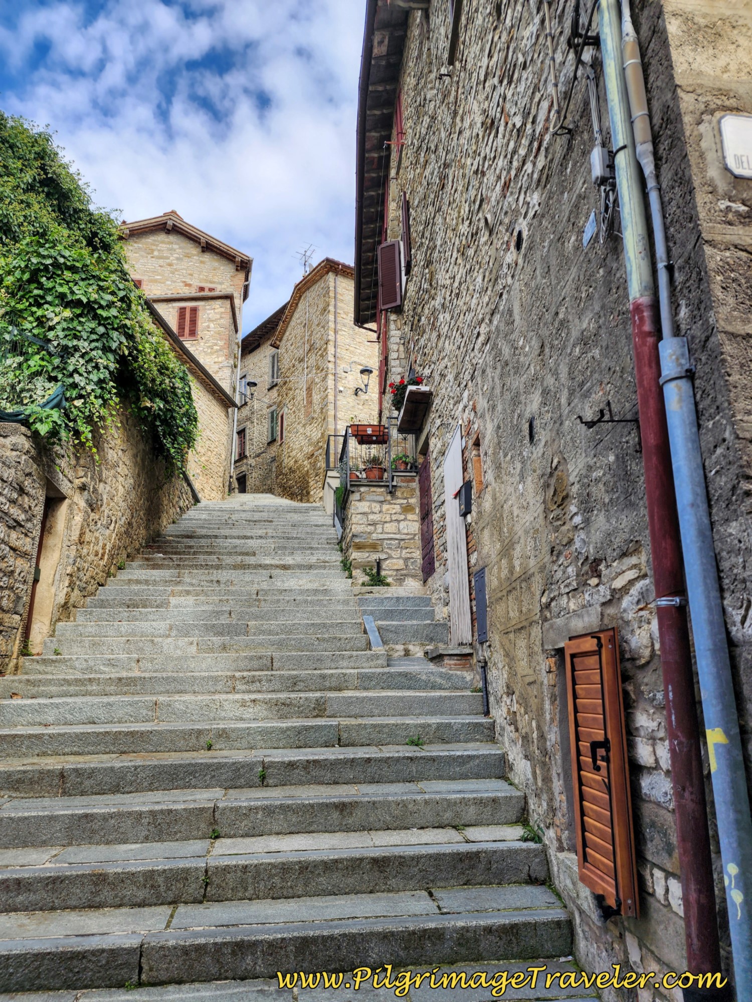 Left Turn Up Steep Staircase of the Via Sant'Agostino, day six on the Way of St. Francis, from Cittá di Castello to Pietralunga