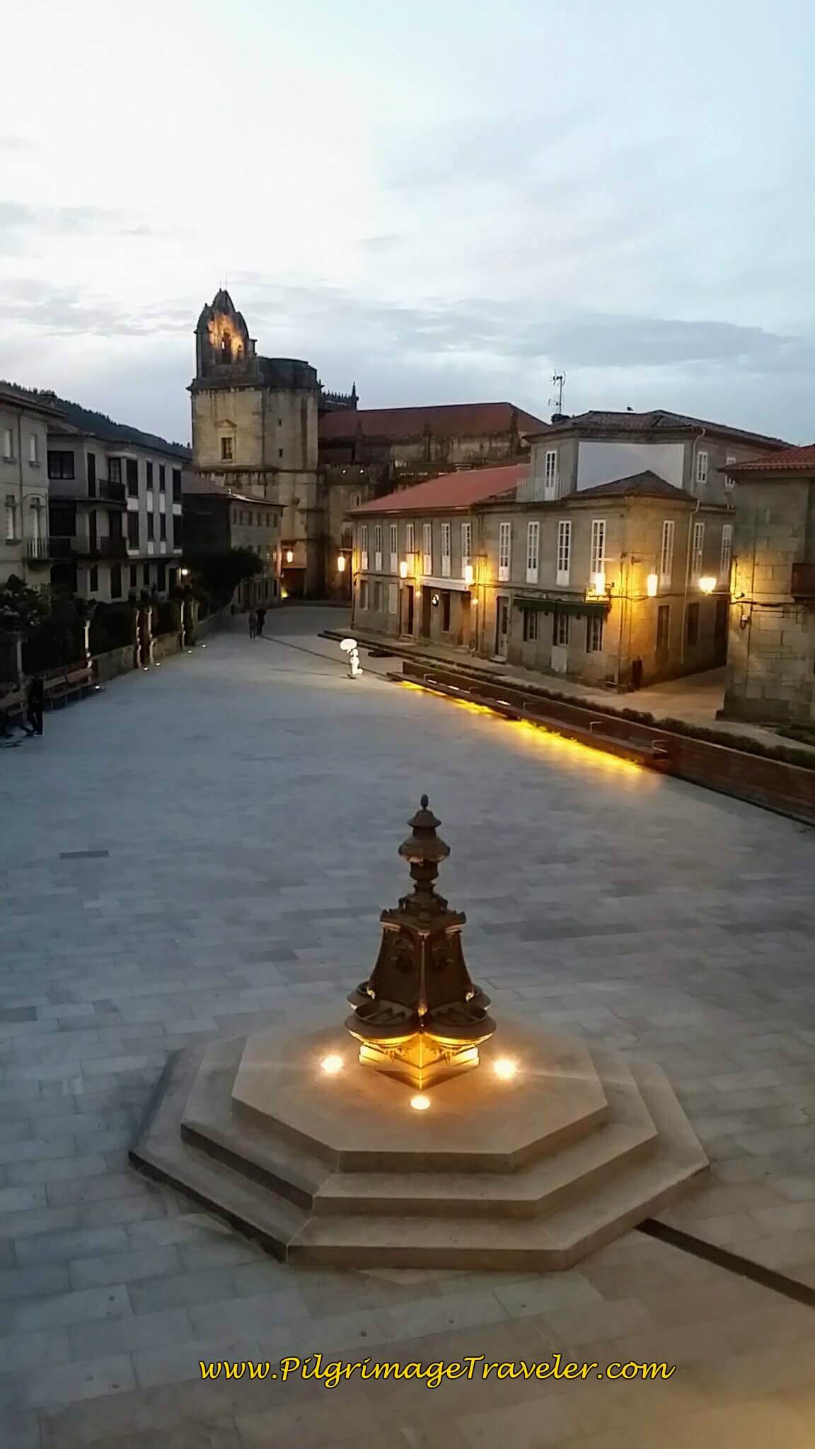 Fountain on Praza Alonso de Fonseca with Basilica de Santa Maria, Pontevedra, day twenty-two on the Camino Portugués