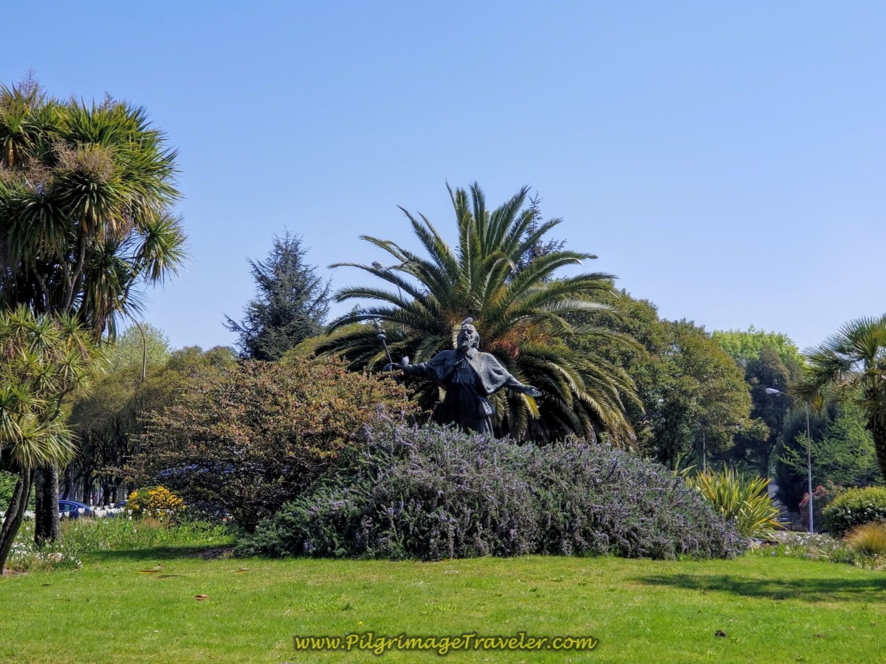 Looking North to the Pilgrim Statue on the Praza da Paz Traffic Circle on day eight of the English Way