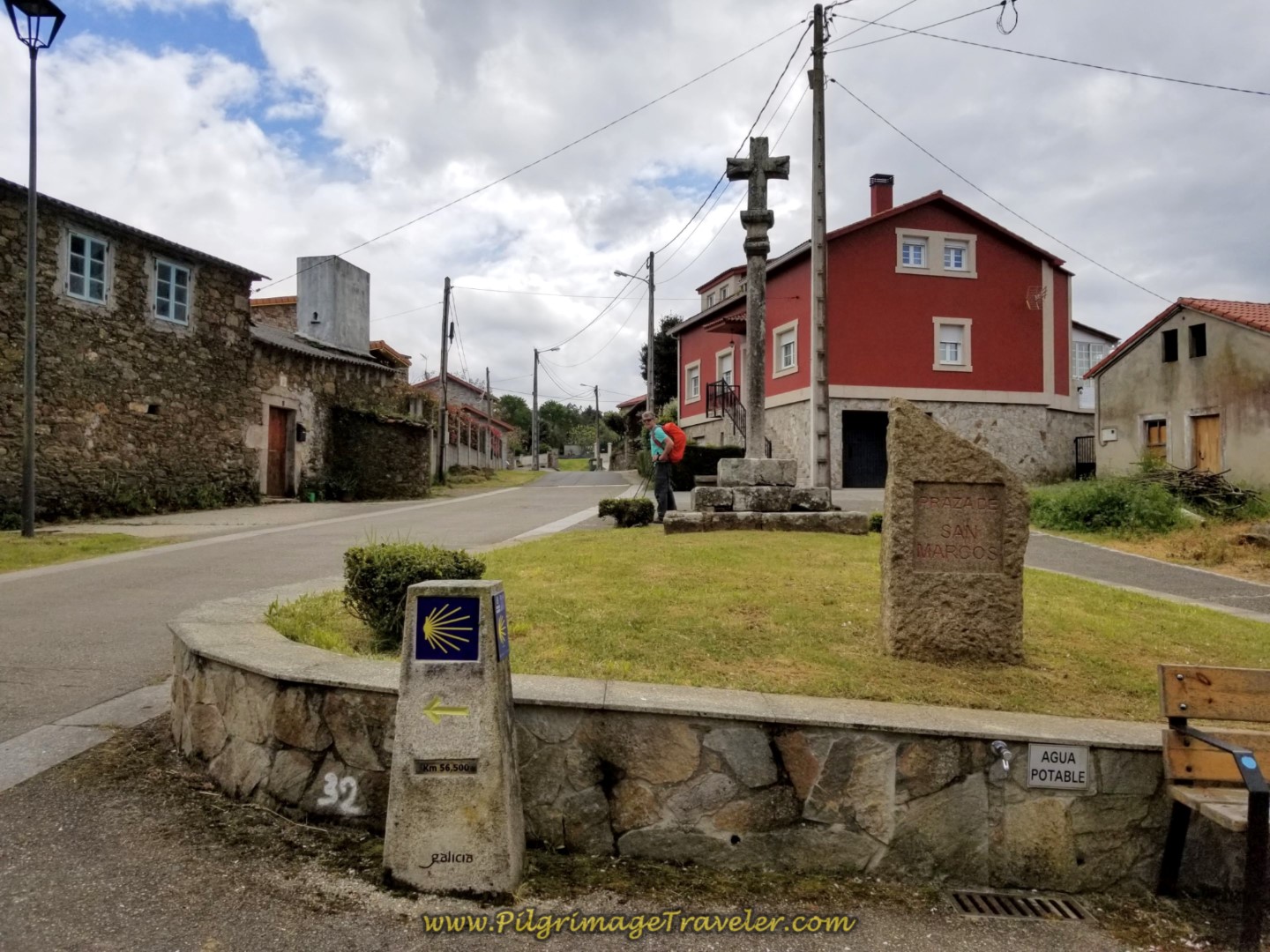 56.5 Kilometer Marker in the Praza de San Marcos on day one of the La Coruña Arm of the Camino Inglés