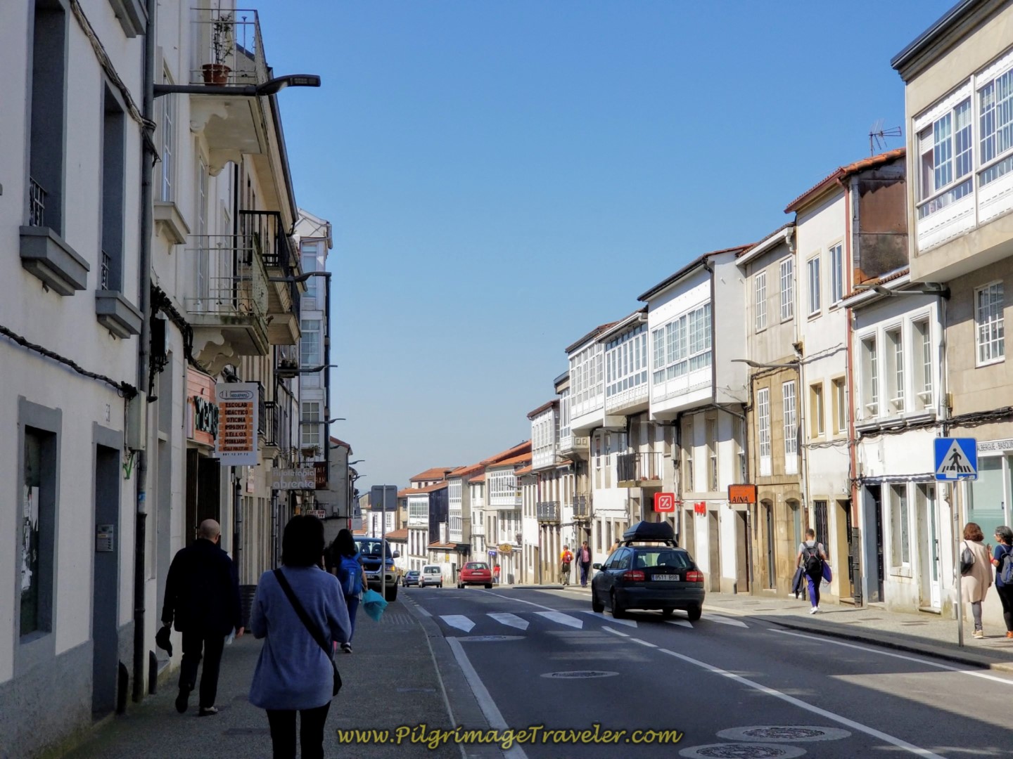 Walking Along the Rúa dos Basquiños in Santiago de Compostela on day eight of the English Way Walking Along the Rúa dos Basquiños in Santiago de Compostela on day eight of the English Way