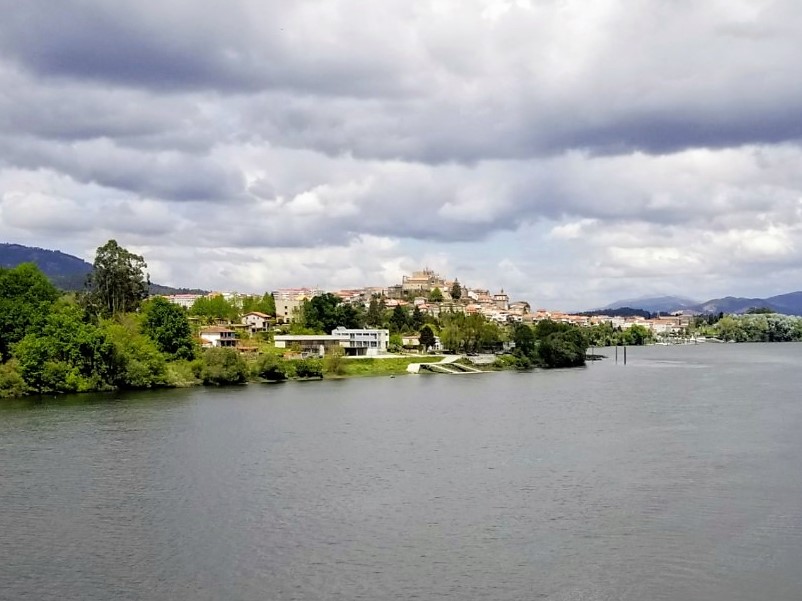 Tui Cathedral on the hill ahead as seen from the international bridge, on day nineteen on the Central Route of the Portuguese Camino